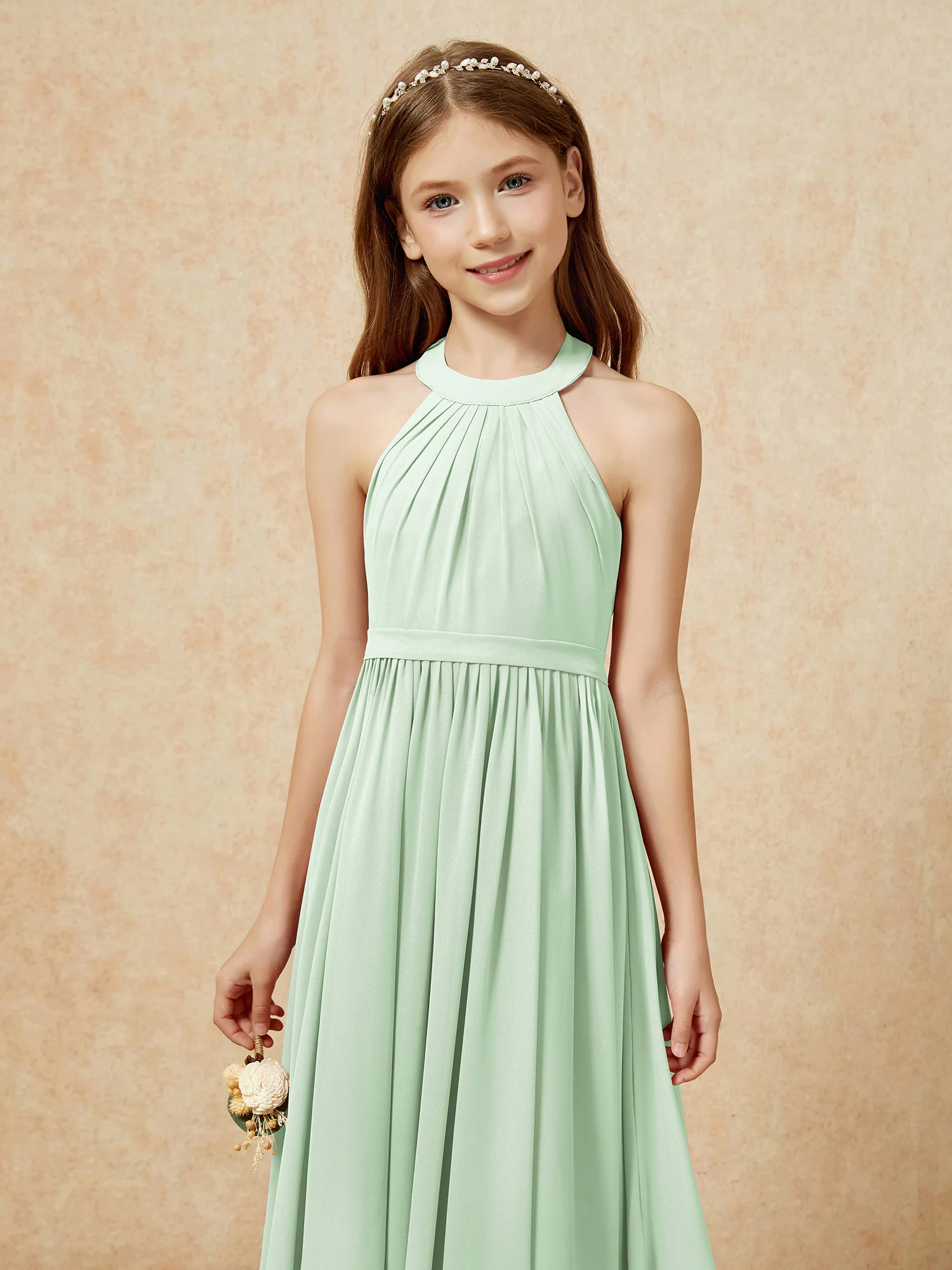Grecian Neck Knee-length Chiffon Junior Bridesmaid Dress Dusty Sage - Image 6