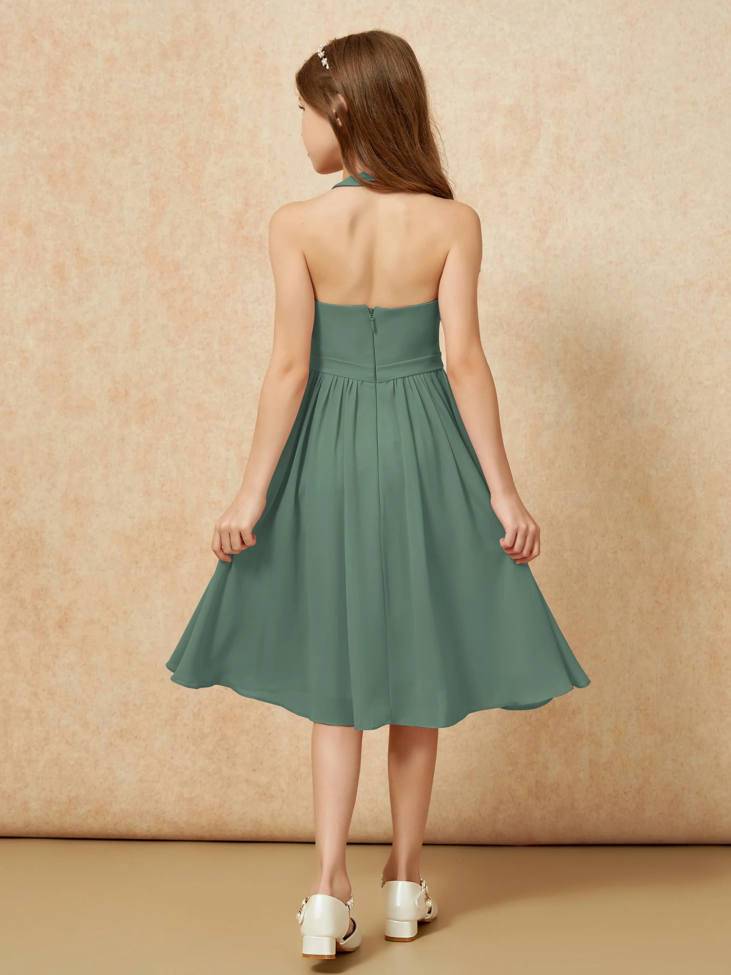 Grecian Neck Knee-length Chiffon Junior Bridesmaid Dress Eucalyptus - Image 2