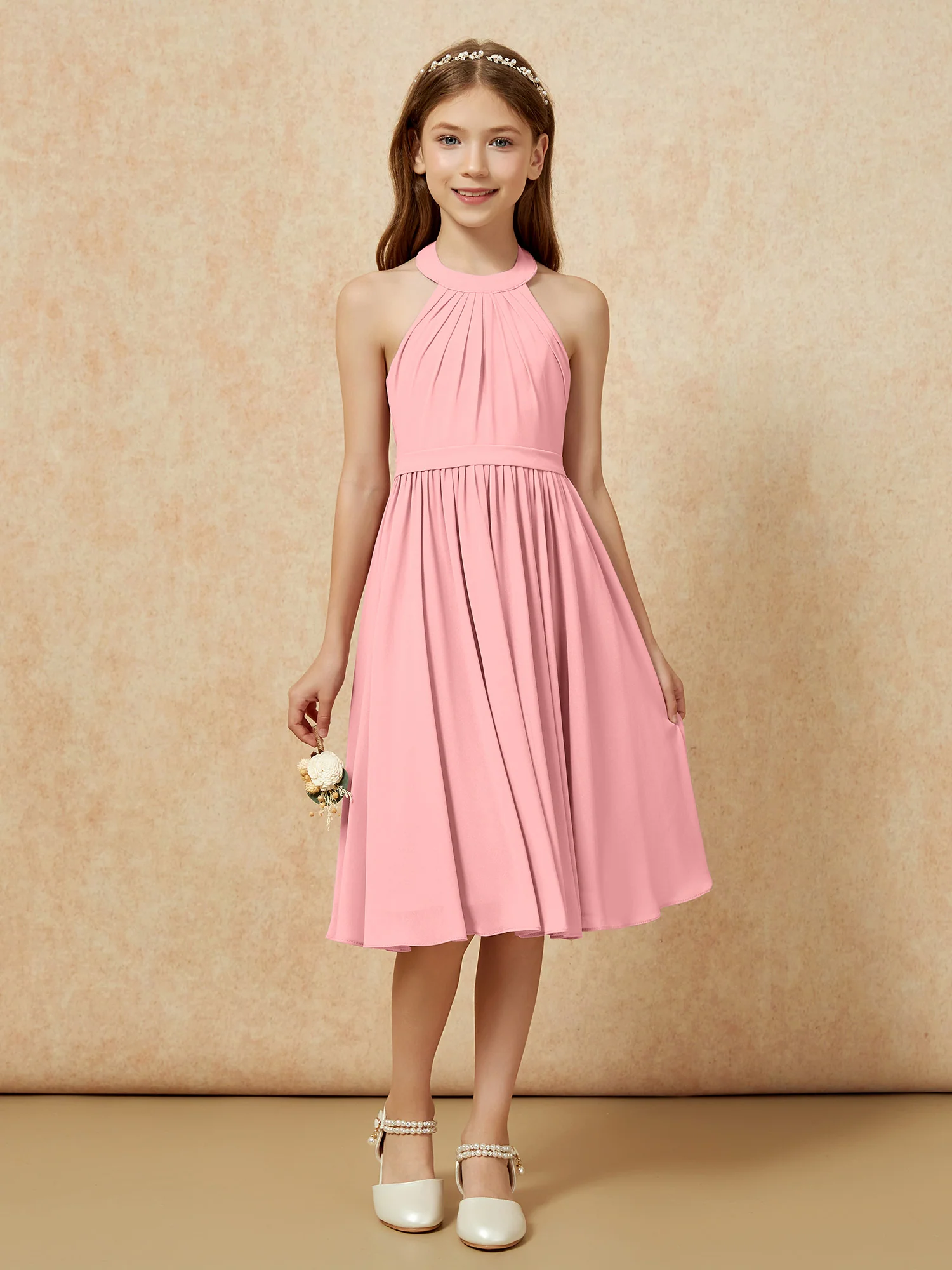 Grecian Neck Knee-length Chiffon Junior Bridesmaid Dress Flamingo - Image 4
