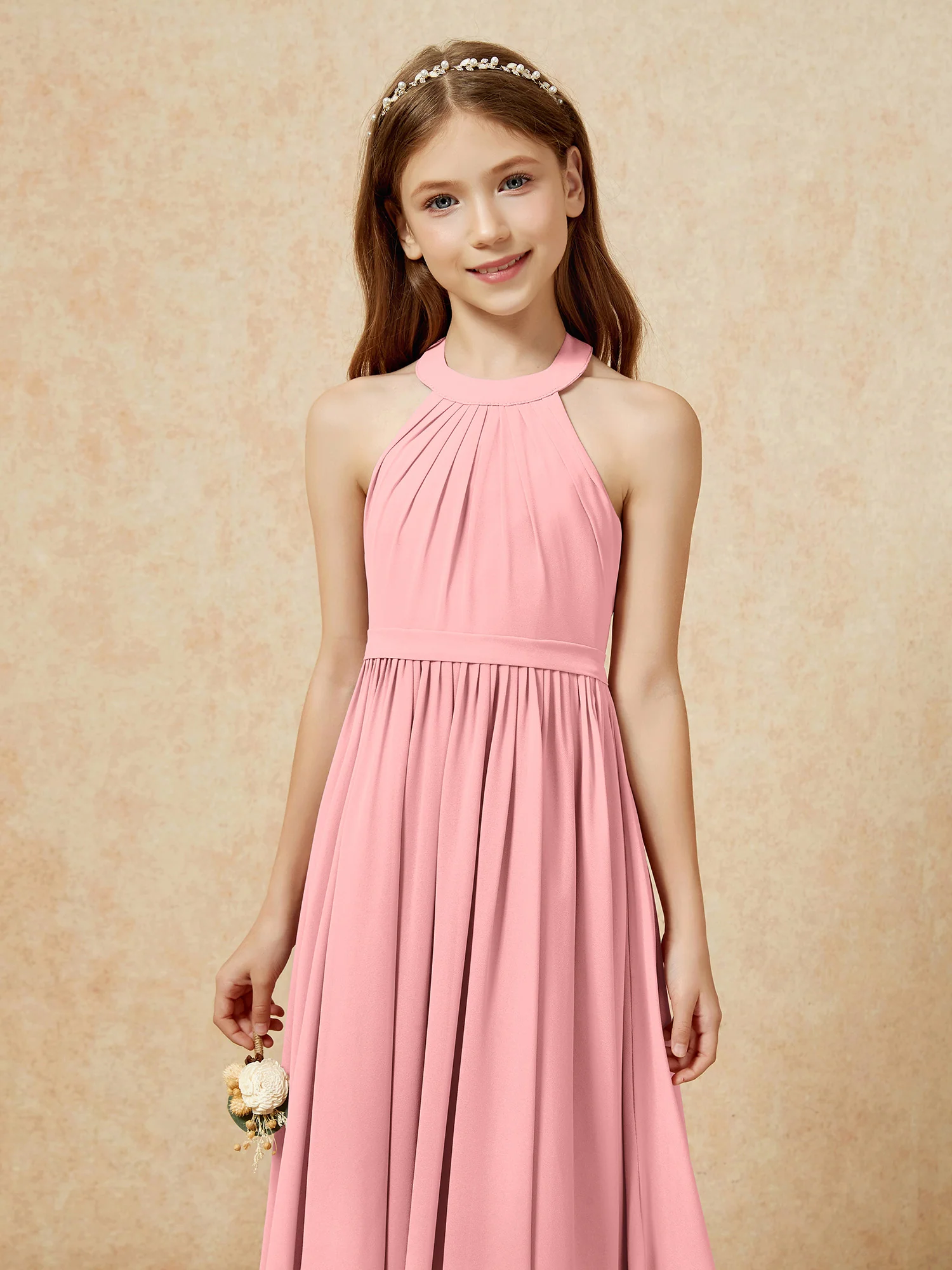 Grecian Neck Knee-length Chiffon Junior Bridesmaid Dress Flamingo - Image 6