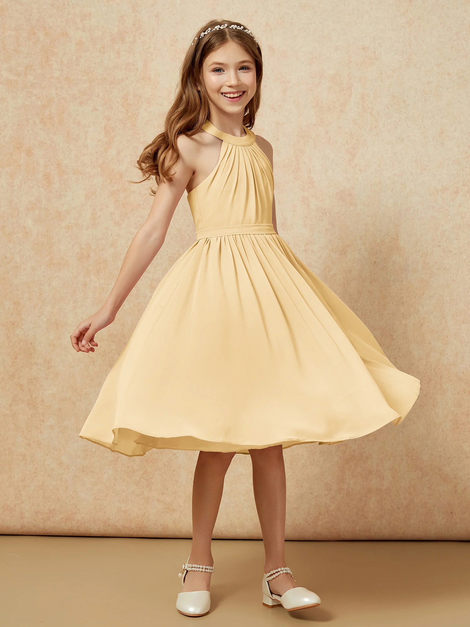 Grecian Neck Knee-length Chiffon Junior Bridesmaid Dress Gold - Image 3