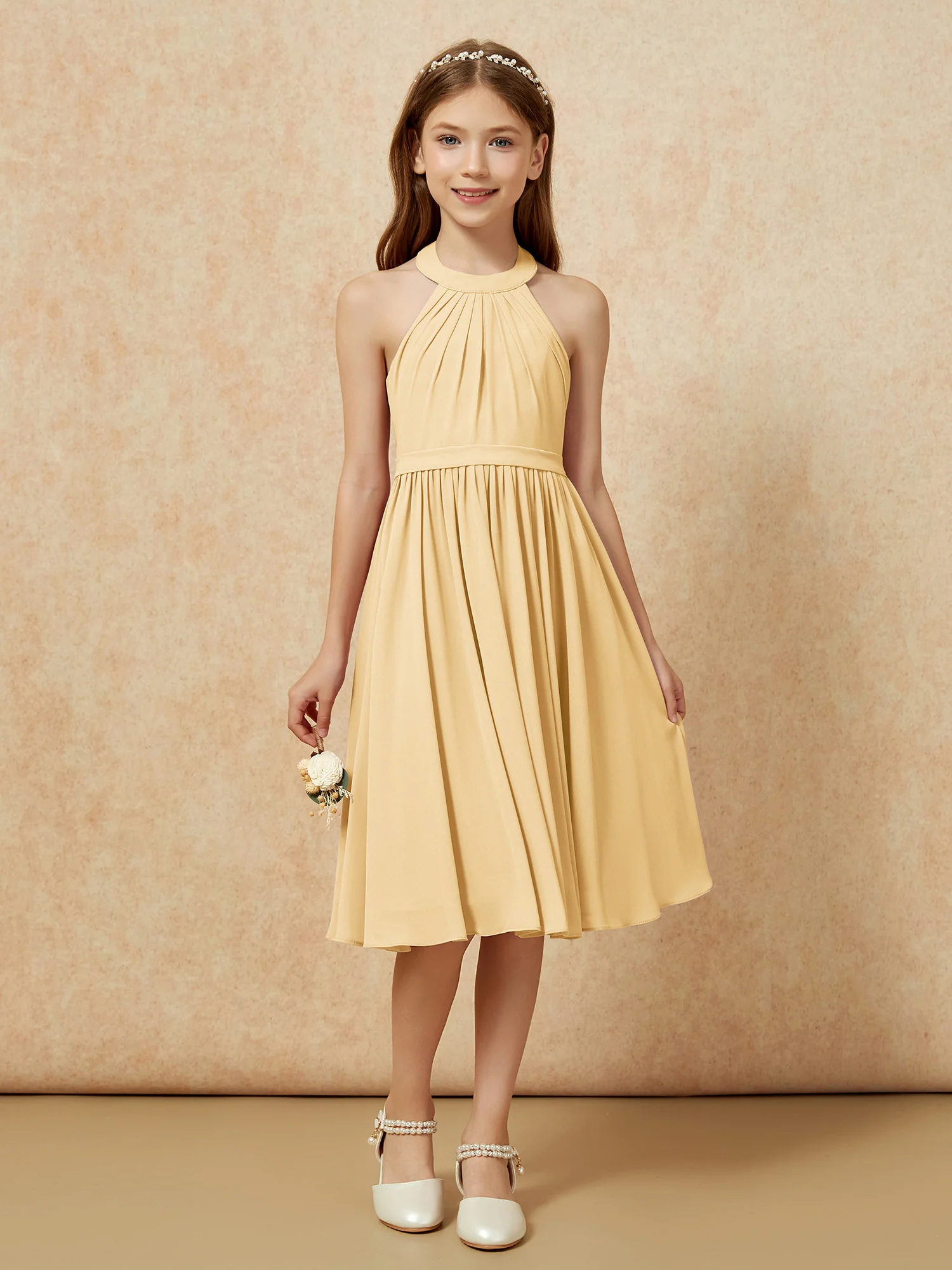 Grecian Neck Knee-length Chiffon Junior Bridesmaid Dress Gold - Image 4