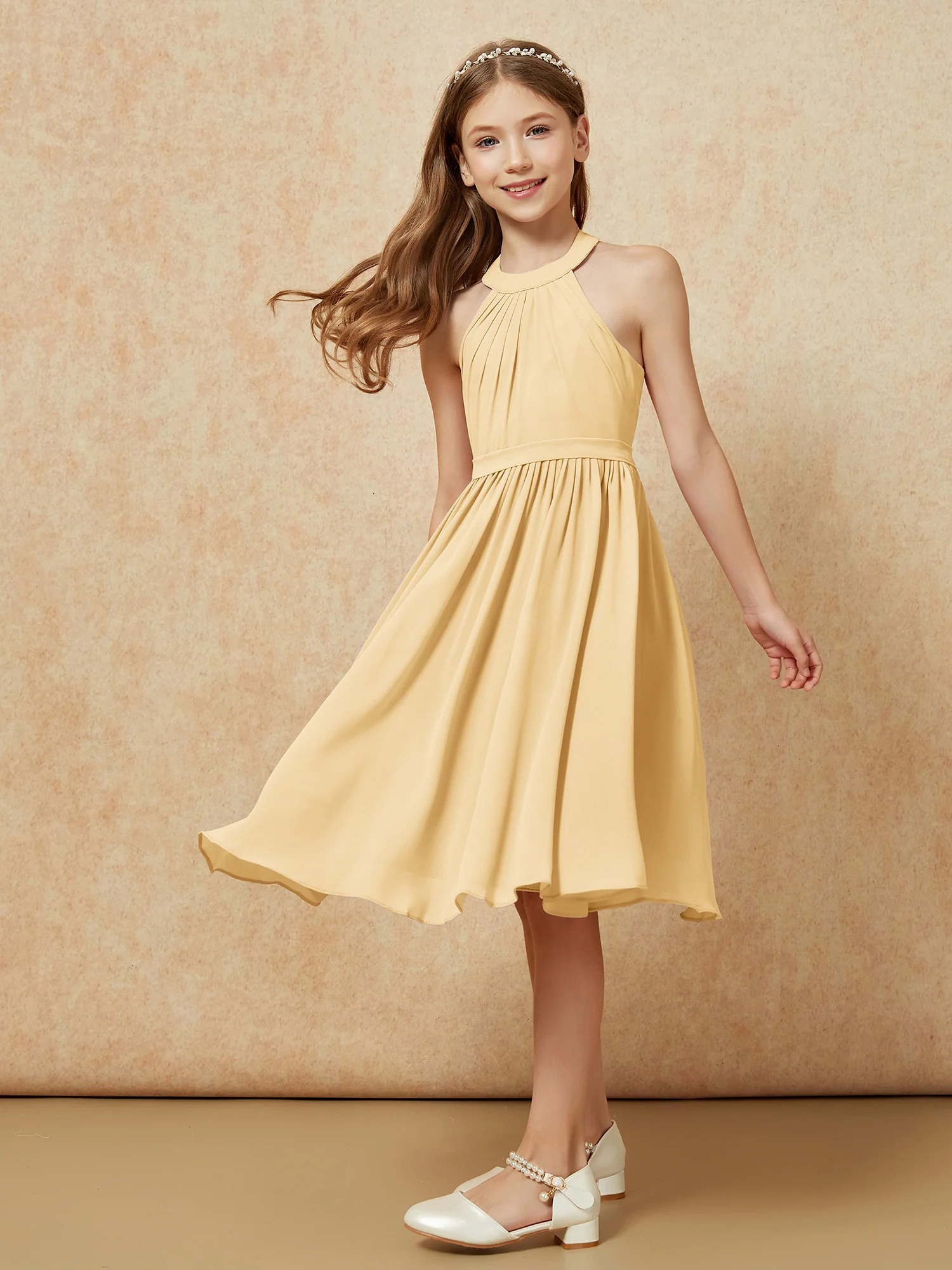 Grecian Neck Knee-length Chiffon Junior Bridesmaid Dress Gold - Image 5