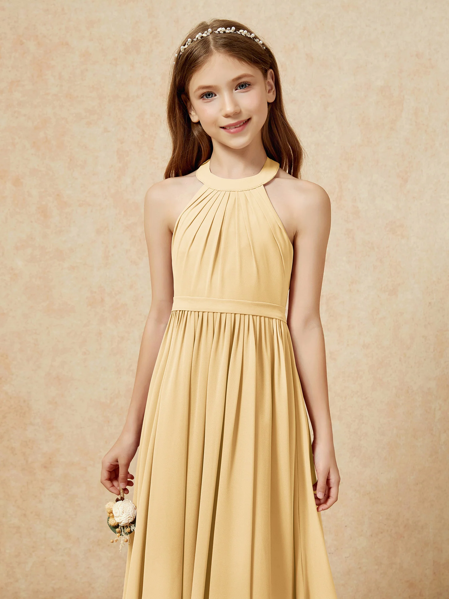 Grecian Neck Knee-length Chiffon Junior Bridesmaid Dress Gold - Image 6