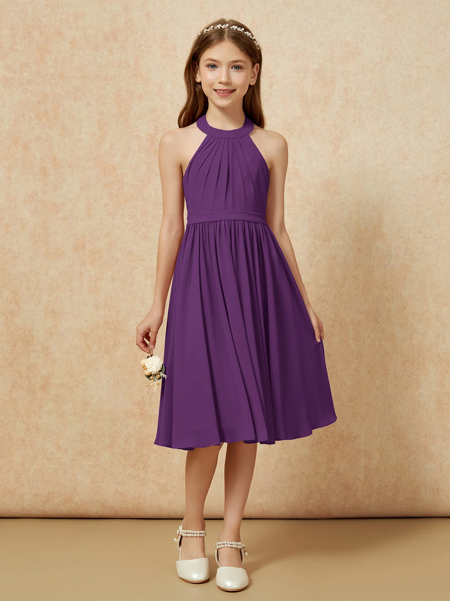 Grecian Neck Knee-length Chiffon Junior Bridesmaid Dress Grape - Image 4