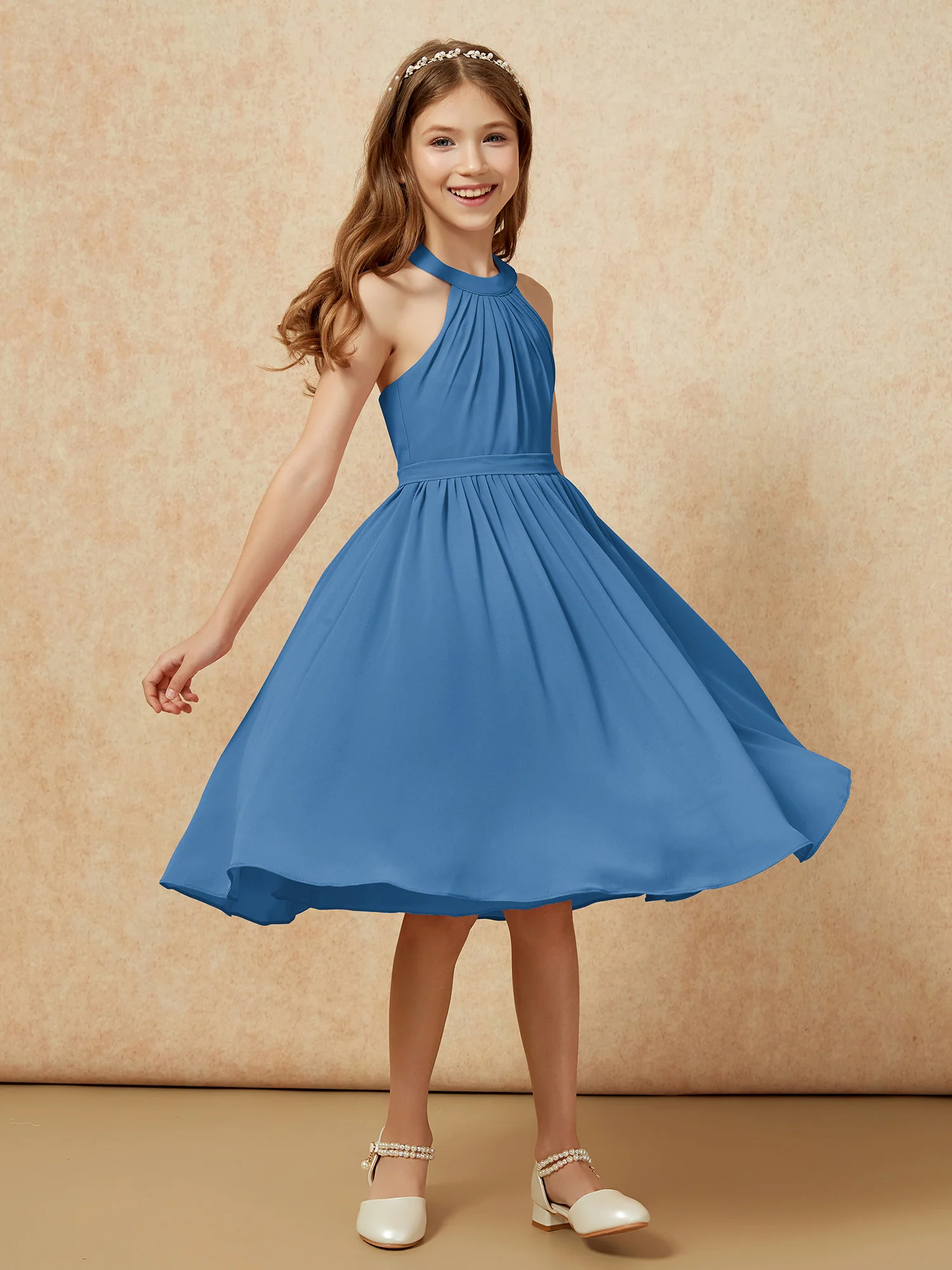 Grecian Neck Knee-length Chiffon Junior Bridesmaid Dress Ink Blue - Image 3