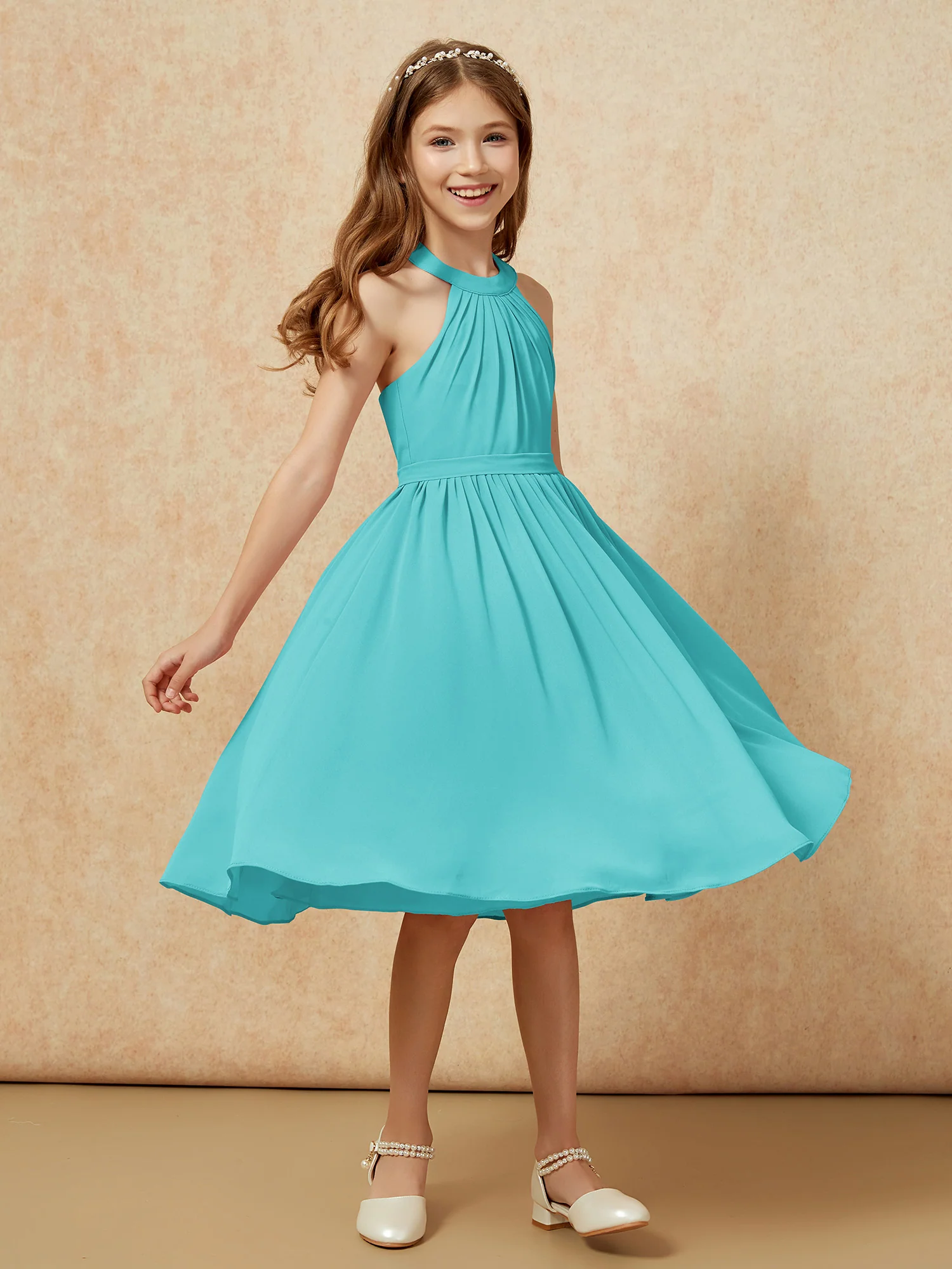 Grecian Neck Knee-length Chiffon Junior Bridesmaid Dress Jade - Image 3