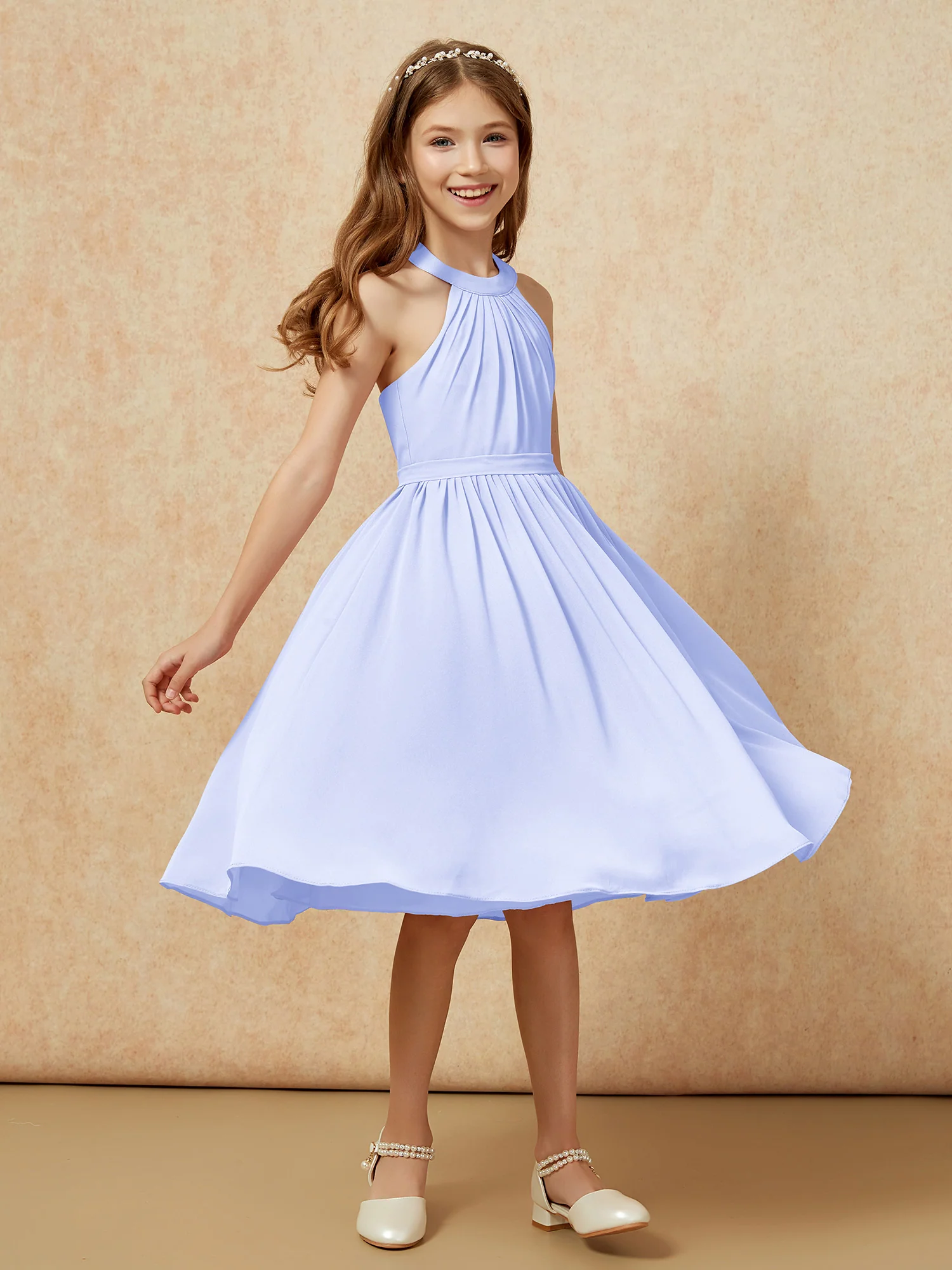Grecian Neck Knee-length Chiffon Junior Bridesmaid Dress Lavender - Image 3