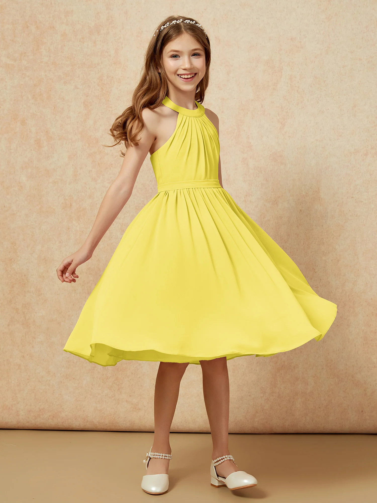 Grecian Neck Knee-length Chiffon Junior Bridesmaid Dress Lemon - Image 3
