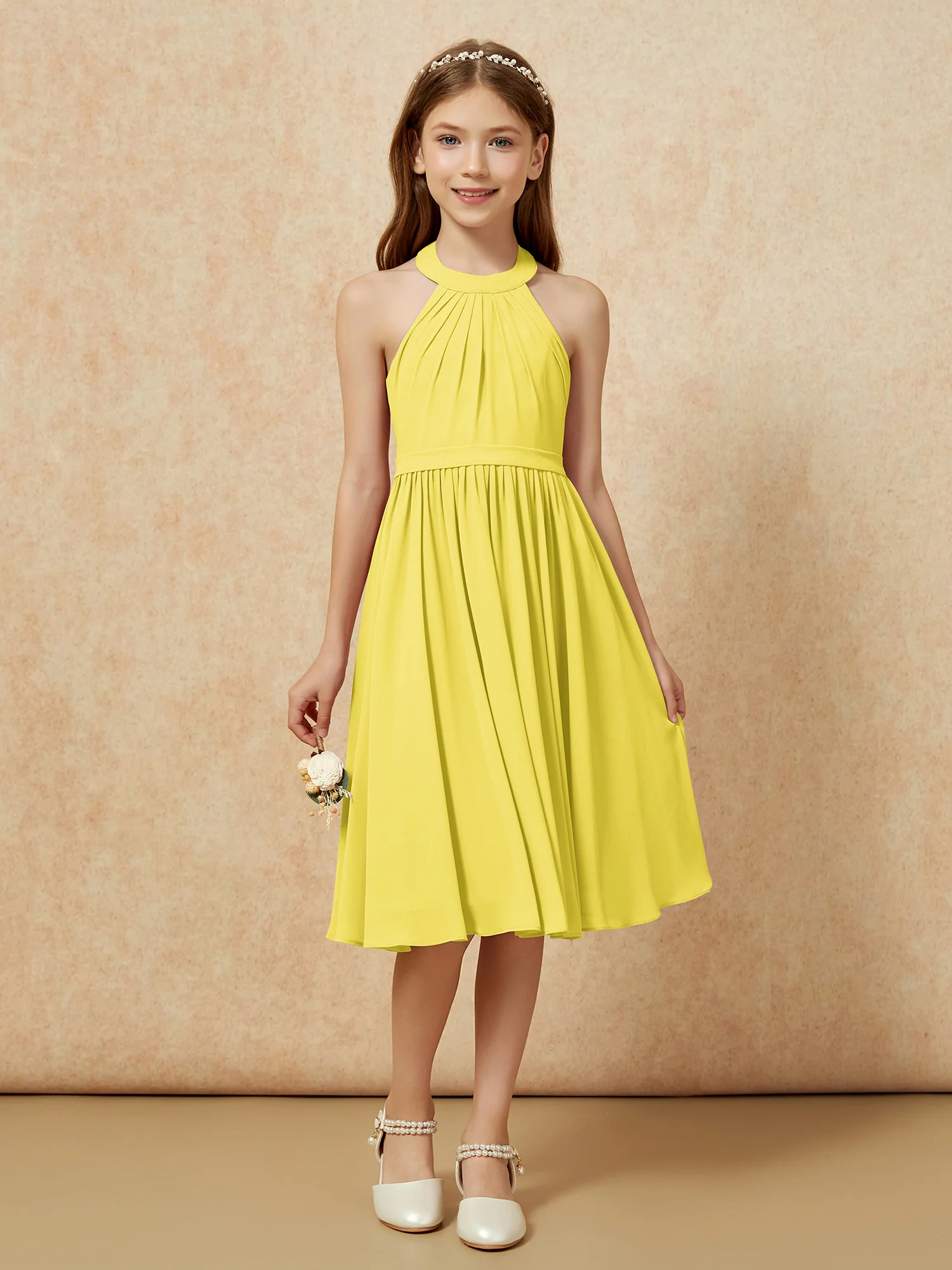 Grecian Neck Knee-length Chiffon Junior Bridesmaid Dress Lemon - Image 4