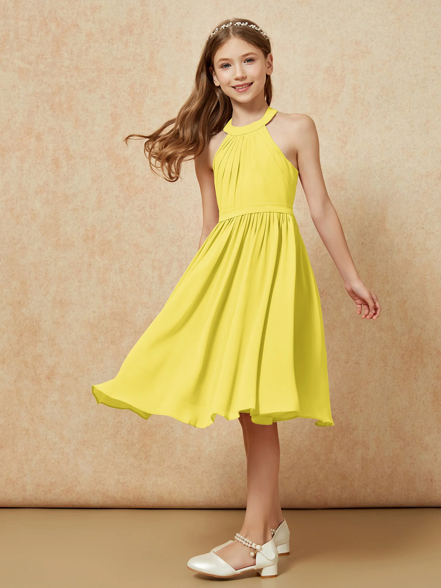 Grecian Neck Knee-length Chiffon Junior Bridesmaid Dress Lemon - Image 5