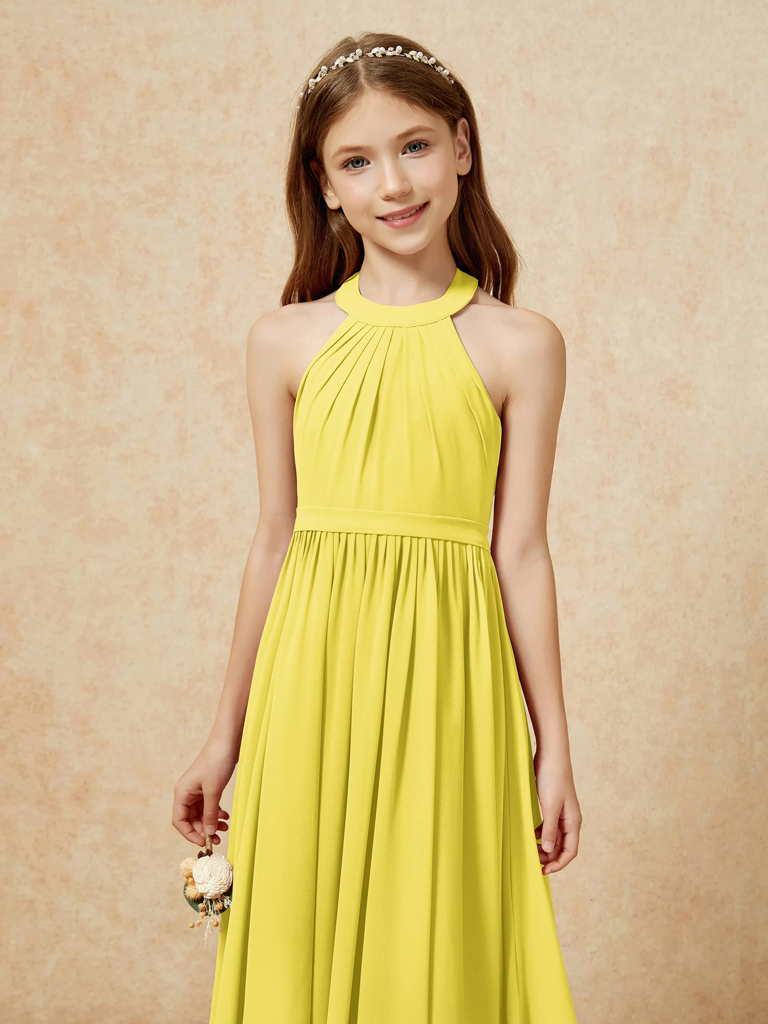 Grecian Neck Knee-length Chiffon Junior Bridesmaid Dress Lemon - Image 6