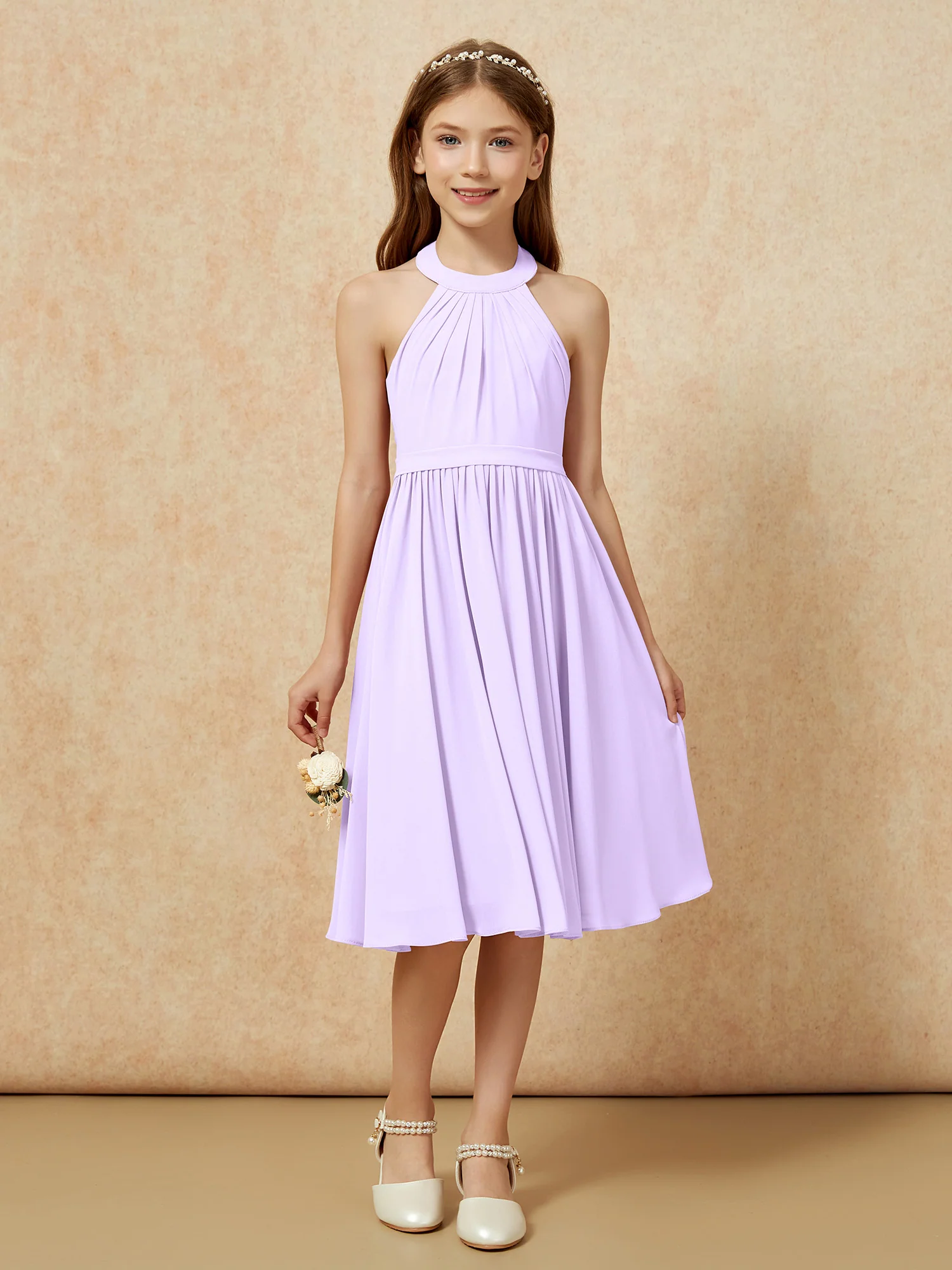 Grecian Neck Knee-length Chiffon Junior Bridesmaid Dress Lilac - Image 4