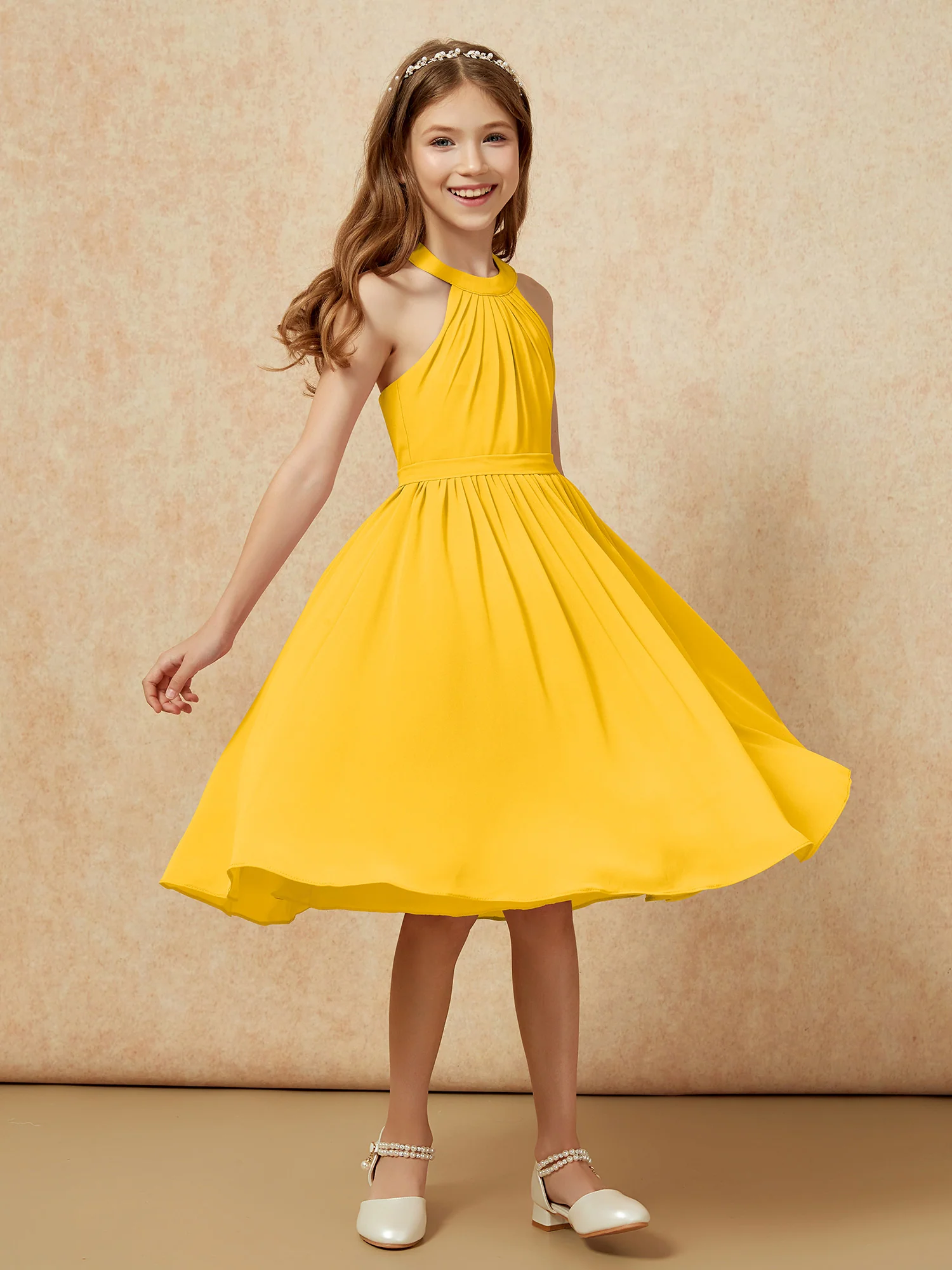 Grecian Neck Knee-length Chiffon Junior Bridesmaid Dress Marigold - Image 3