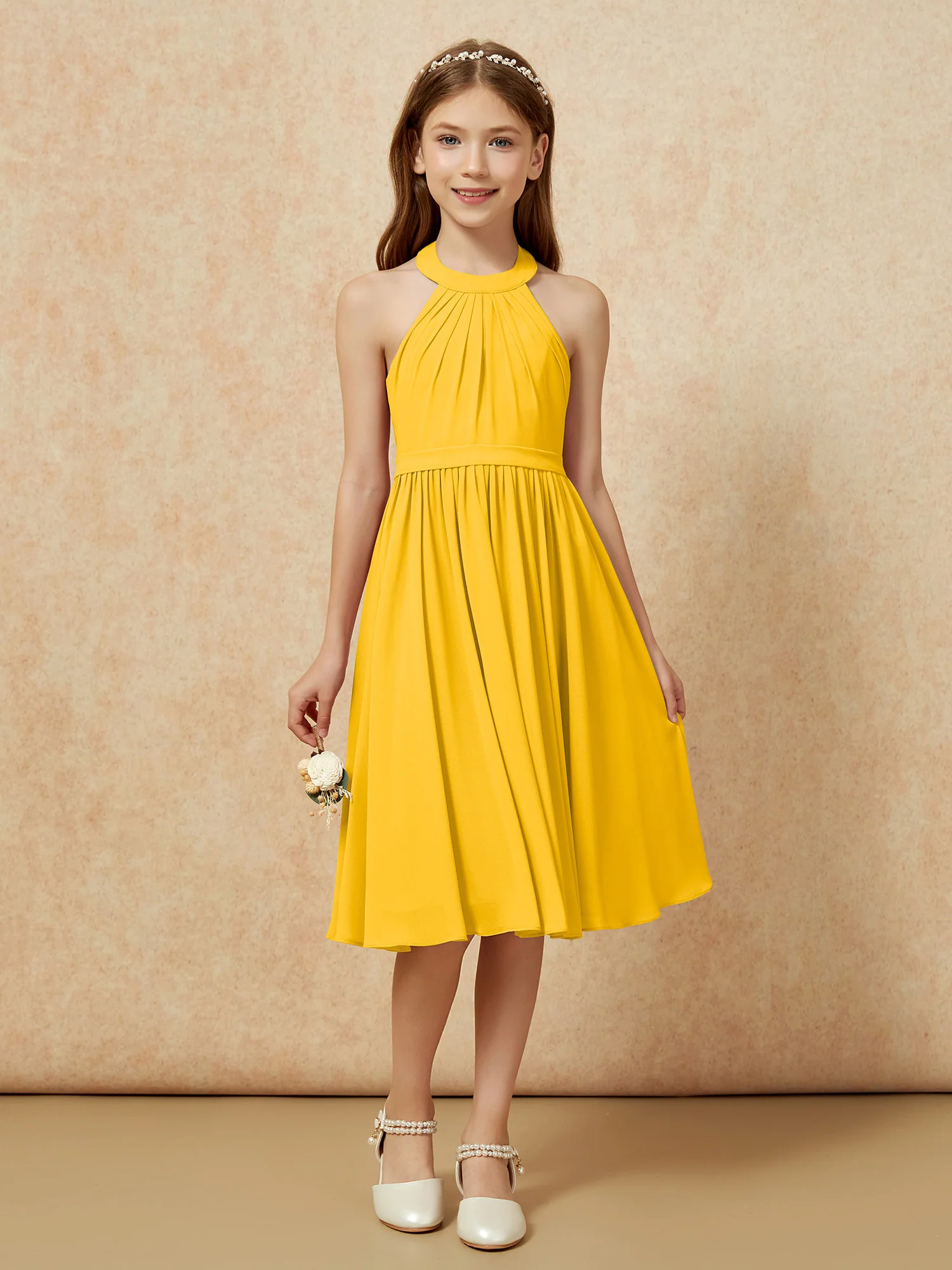 Grecian Neck Knee-length Chiffon Junior Bridesmaid Dress Marigold - Image 4