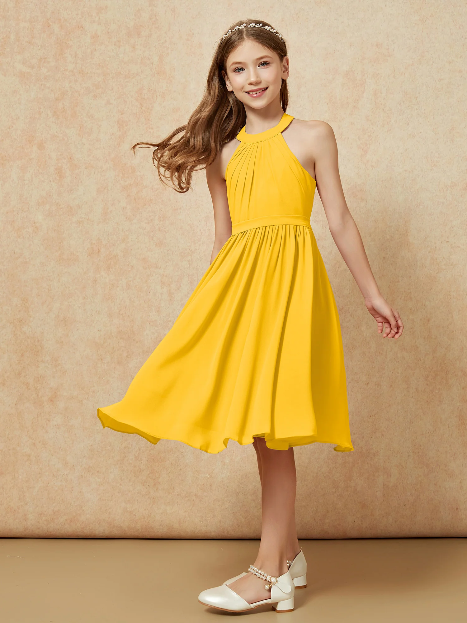 Grecian Neck Knee-length Chiffon Junior Bridesmaid Dress Marigold - Image 5