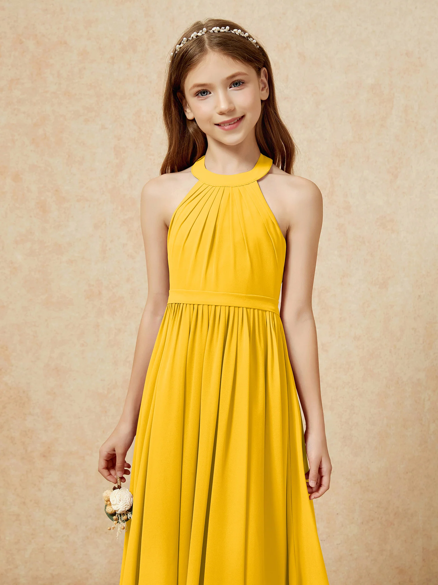 Grecian Neck Knee-length Chiffon Junior Bridesmaid Dress Marigold - Image 6