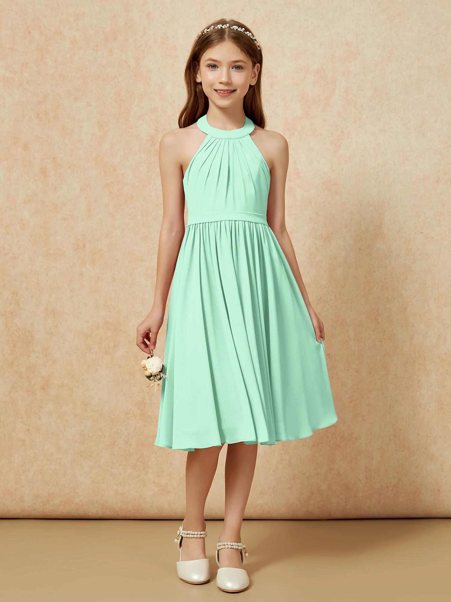 Grecian Neck Knee-length Chiffon Junior Bridesmaid Dress Mint Green - Image 4
