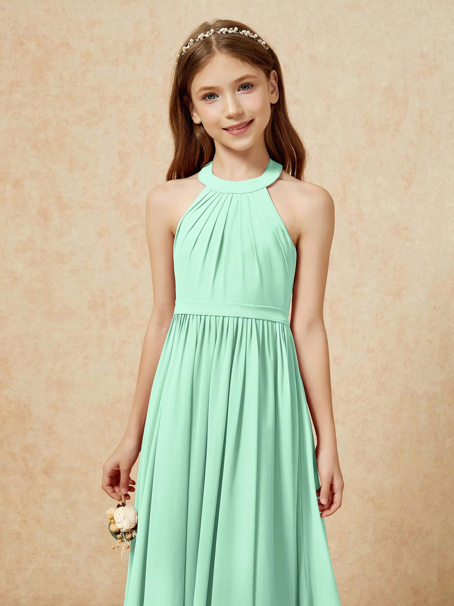 Grecian Neck Knee-length Chiffon Junior Bridesmaid Dress Mint Green - Image 6