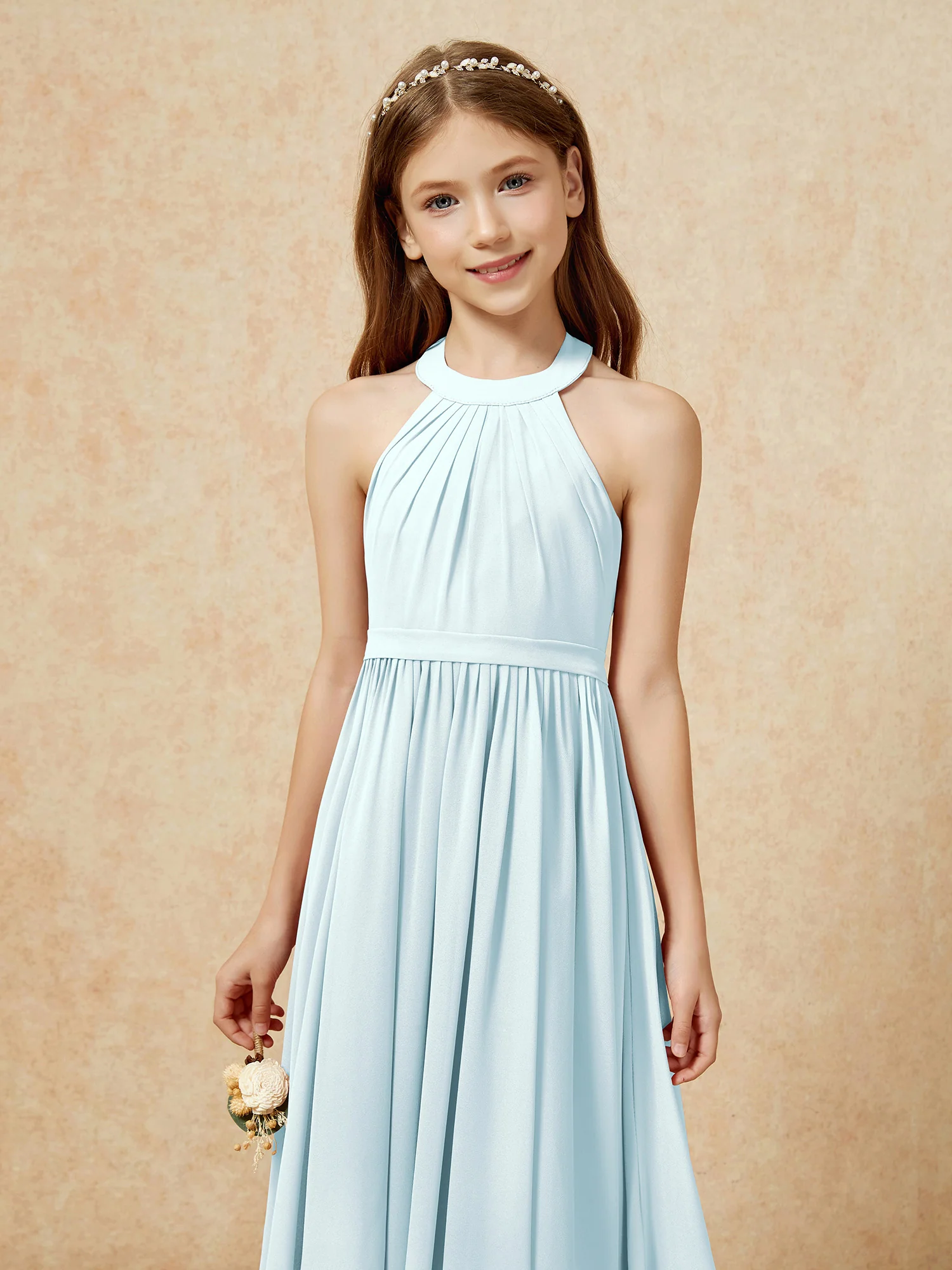 Grecian Neck Knee-length Chiffon Junior Bridesmaid Dress Mist - Image 6