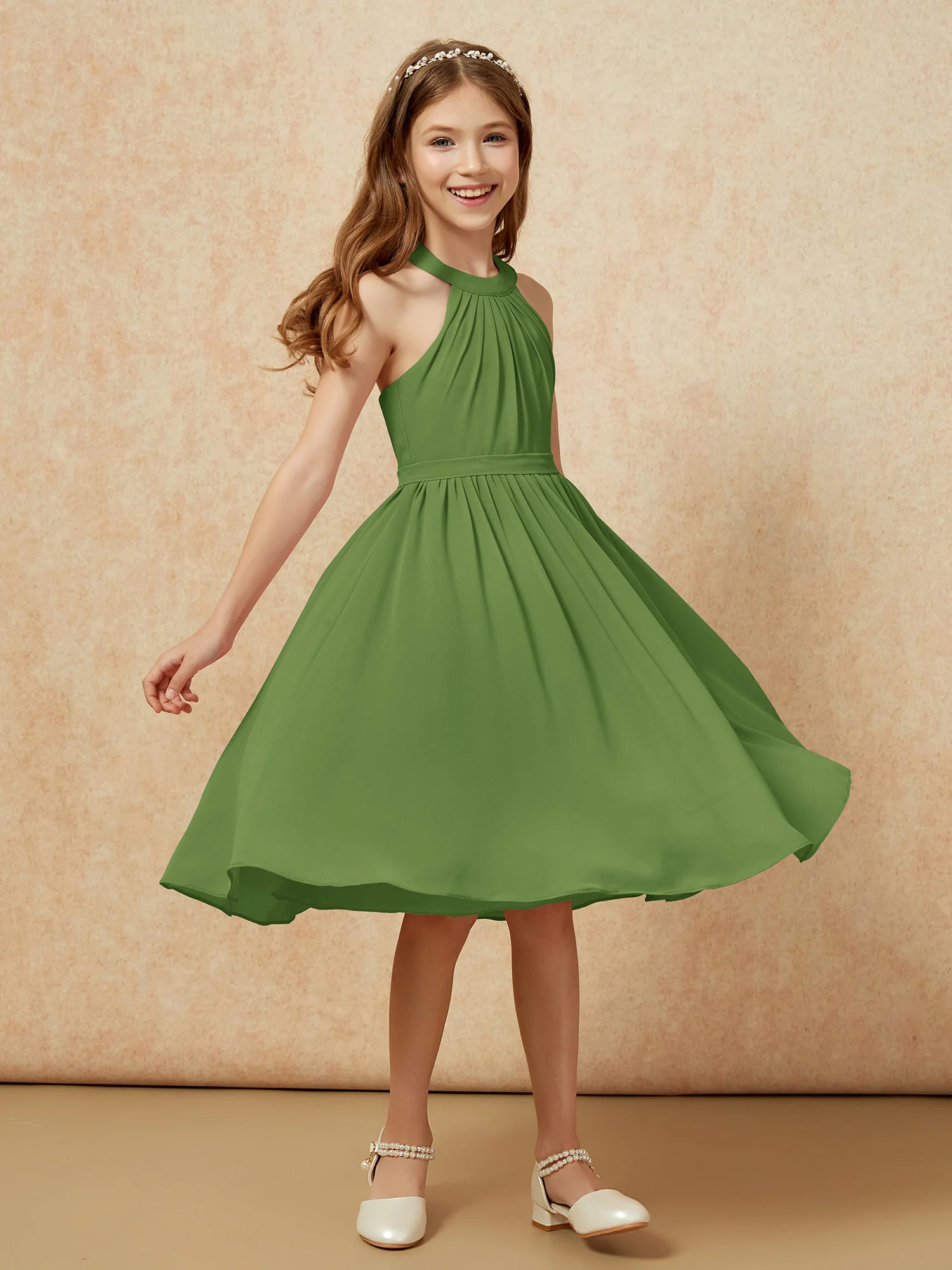 Grecian Neck Knee-length Chiffon Junior Bridesmaid Dress Moss - Image 3