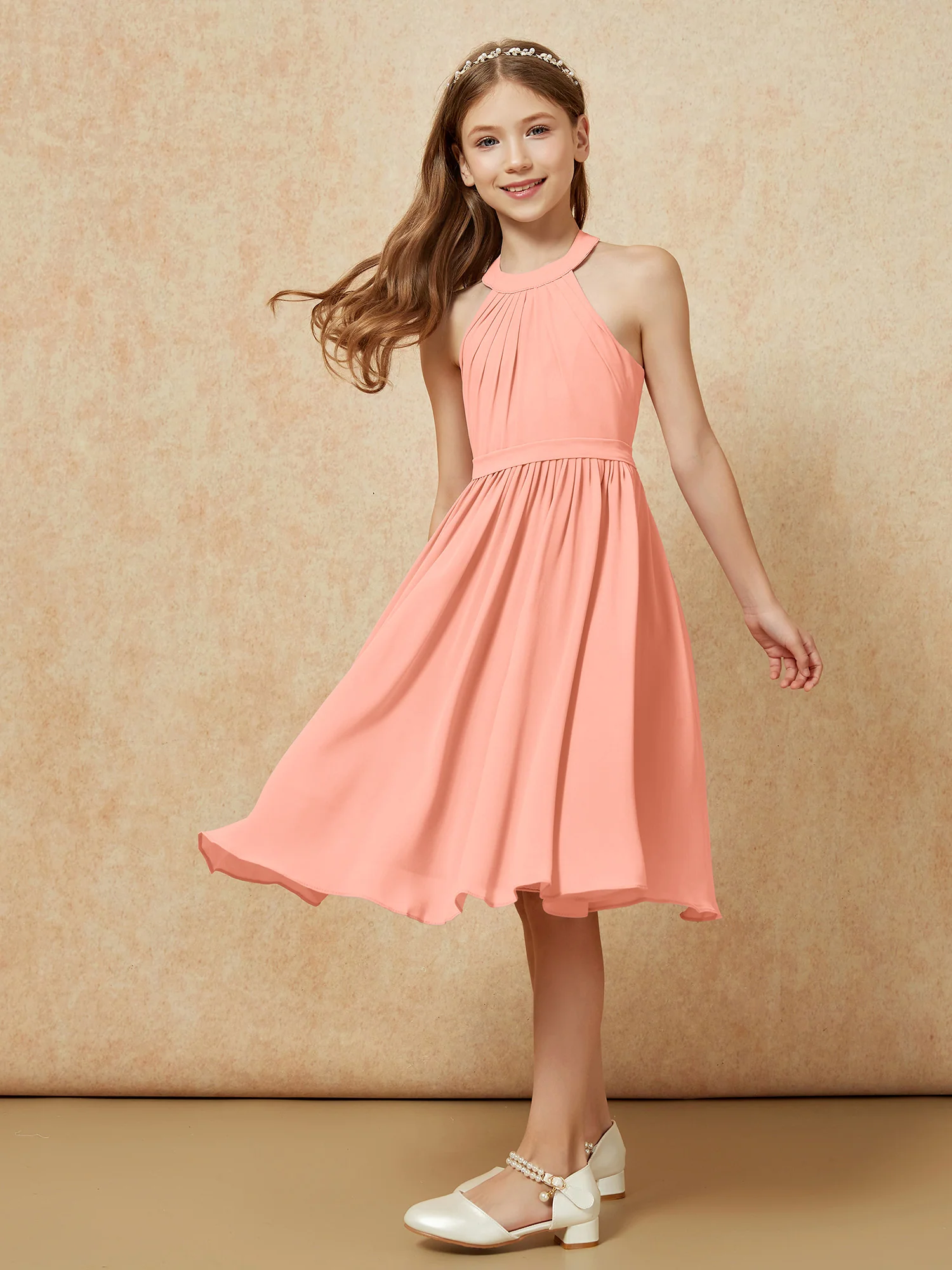 Grecian Neck Knee-length Chiffon Junior Bridesmaid Dress Papaya - Image 5