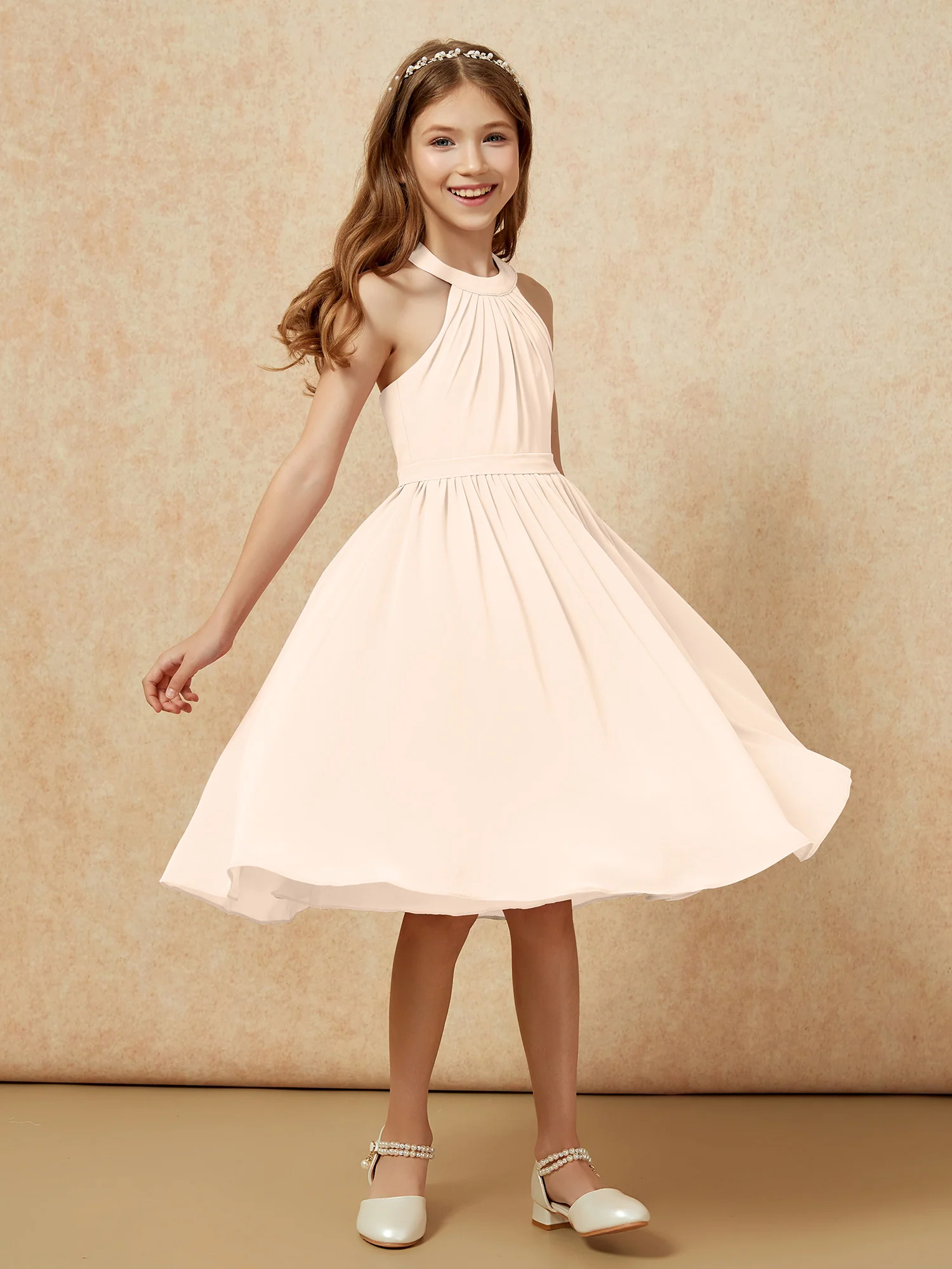 Grecian Neck Knee-length Chiffon Junior Bridesmaid Dress Peach - Image 3