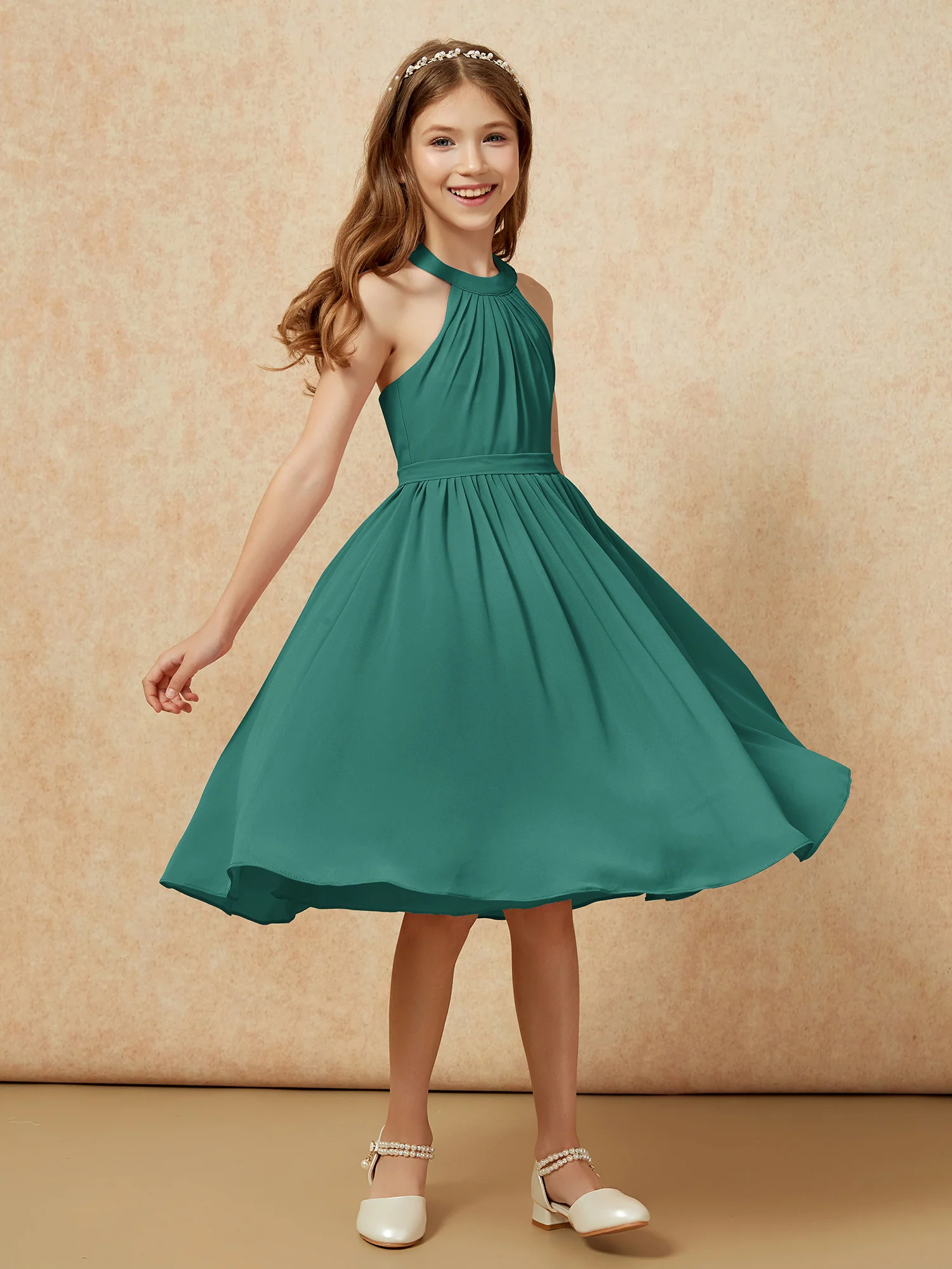 Grecian Neck Knee-length Chiffon Junior Bridesmaid Dress Peacock - Image 3