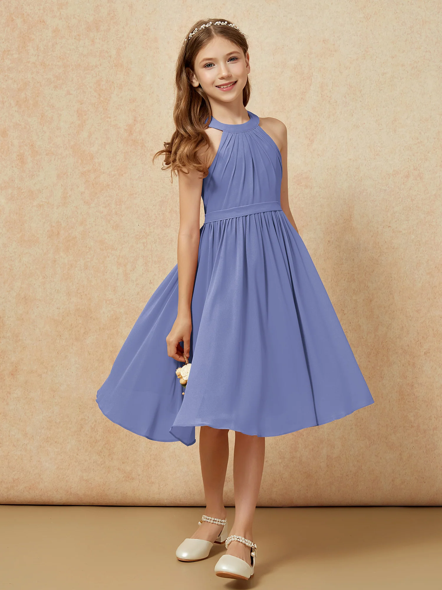 Grecian Neck Knee-length Chiffon Junior Bridesmaid Dress Periwinkle