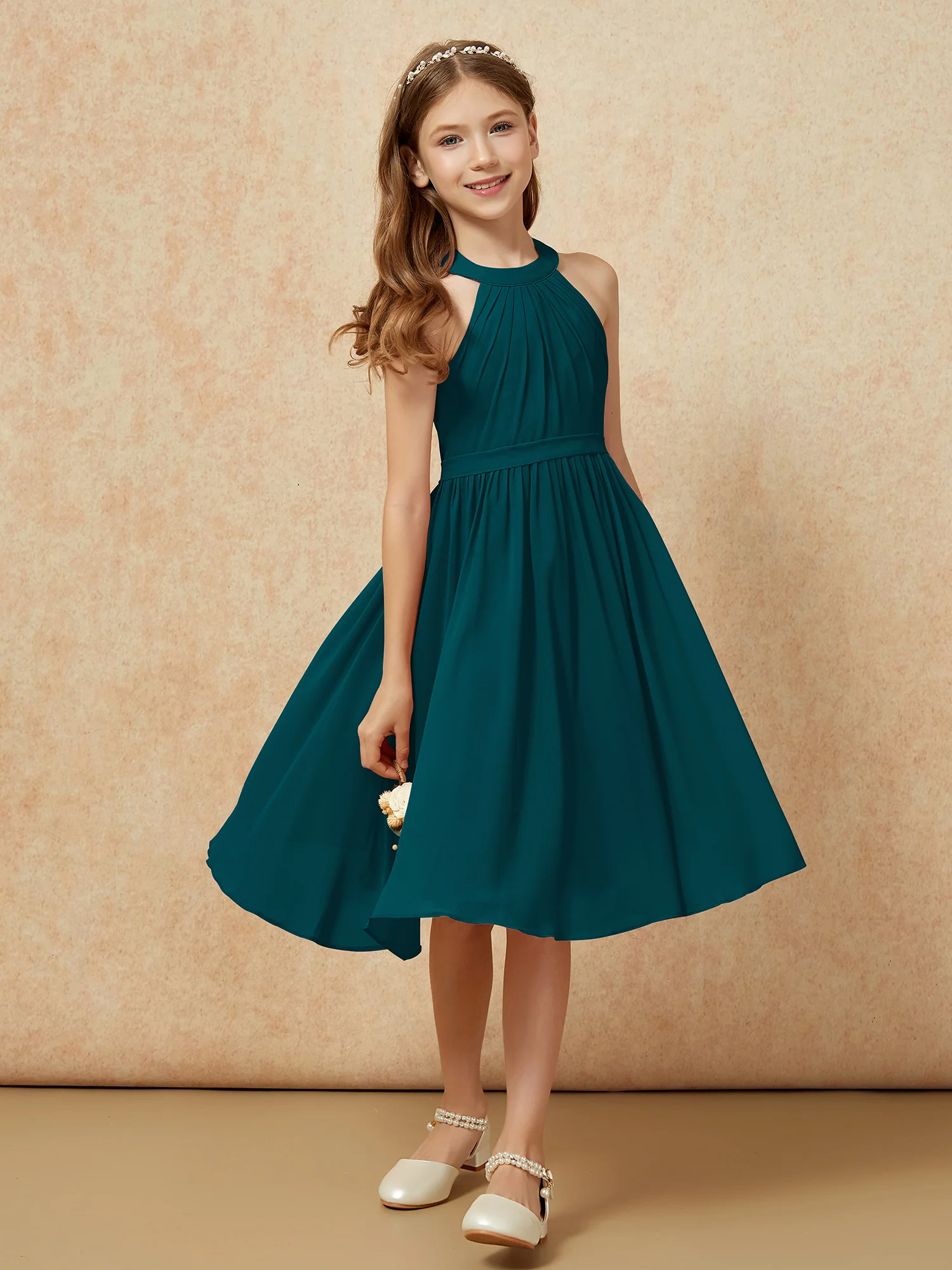Grecian Neck Knee-length Chiffon Junior Bridesmaid Dress Pine