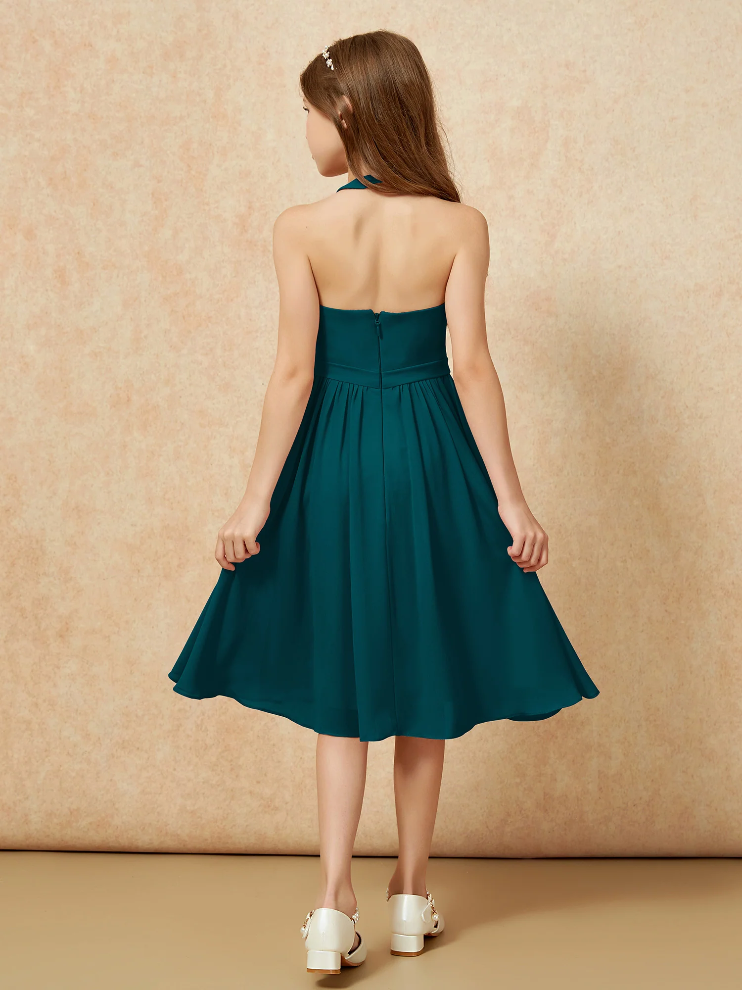 Grecian Neck Knee-length Chiffon Junior Bridesmaid Dress Pine - Image 2