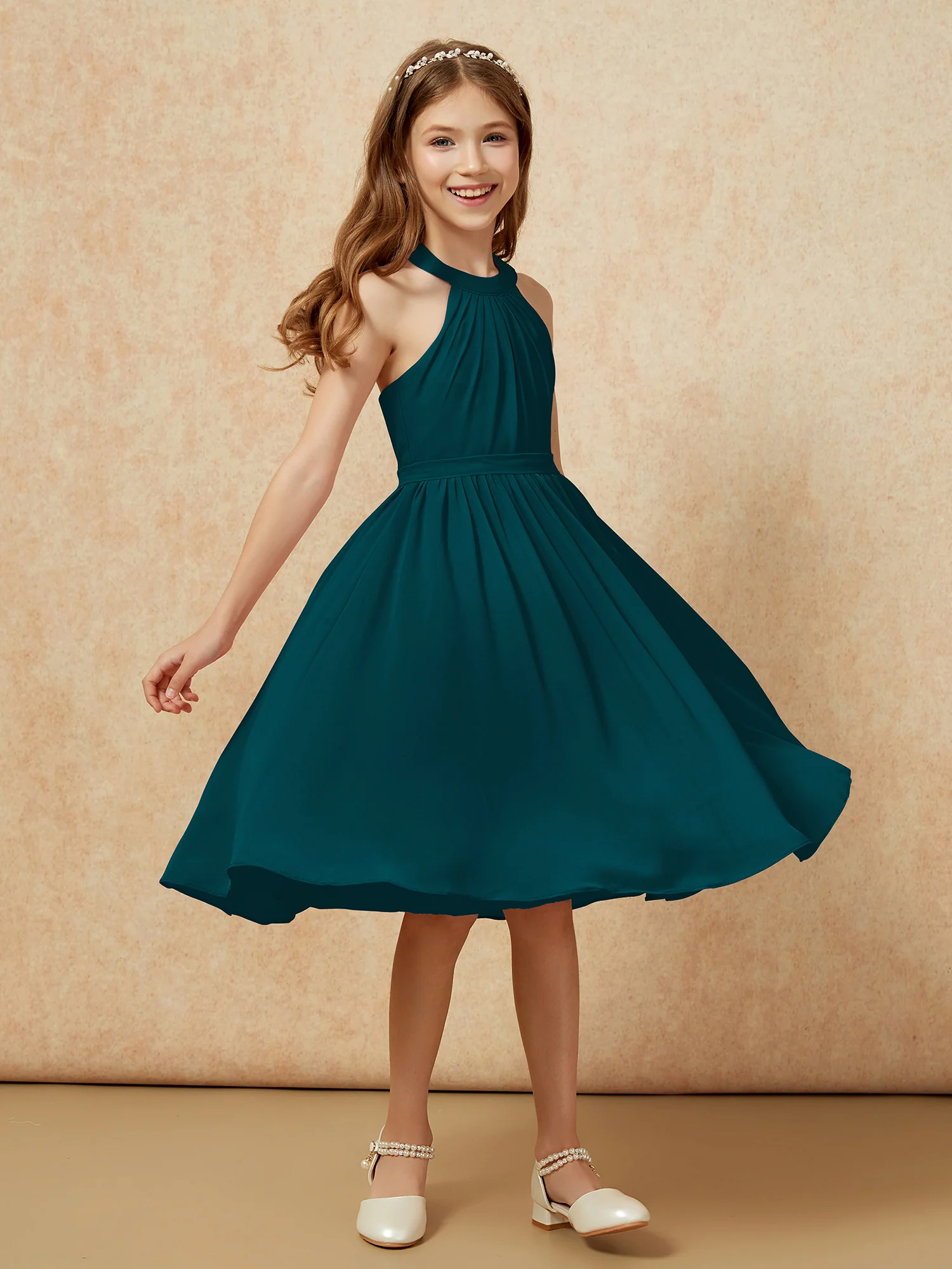 Grecian Neck Knee-length Chiffon Junior Bridesmaid Dress Pine - Image 3