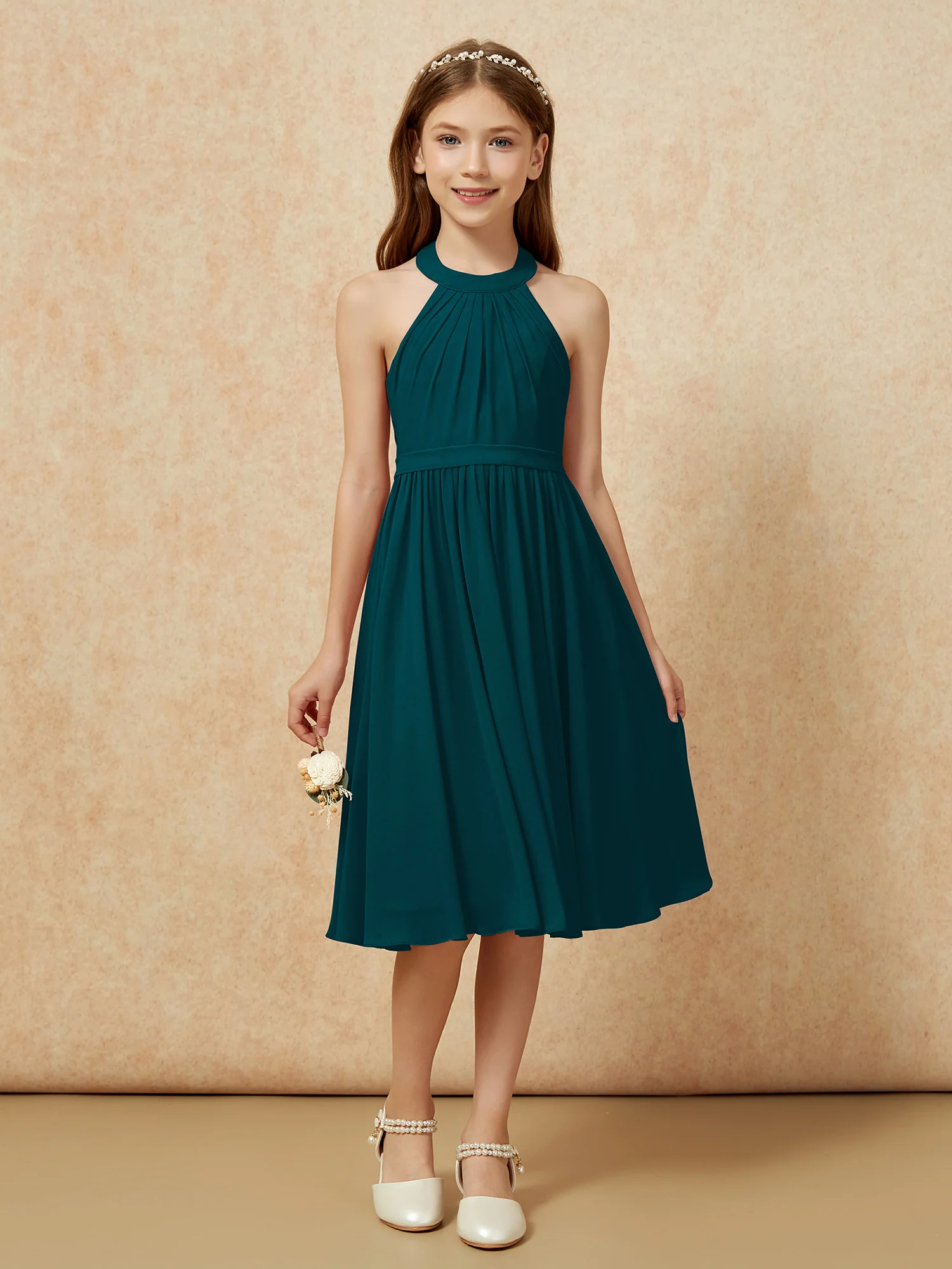Grecian Neck Knee-length Chiffon Junior Bridesmaid Dress Pine - Image 4