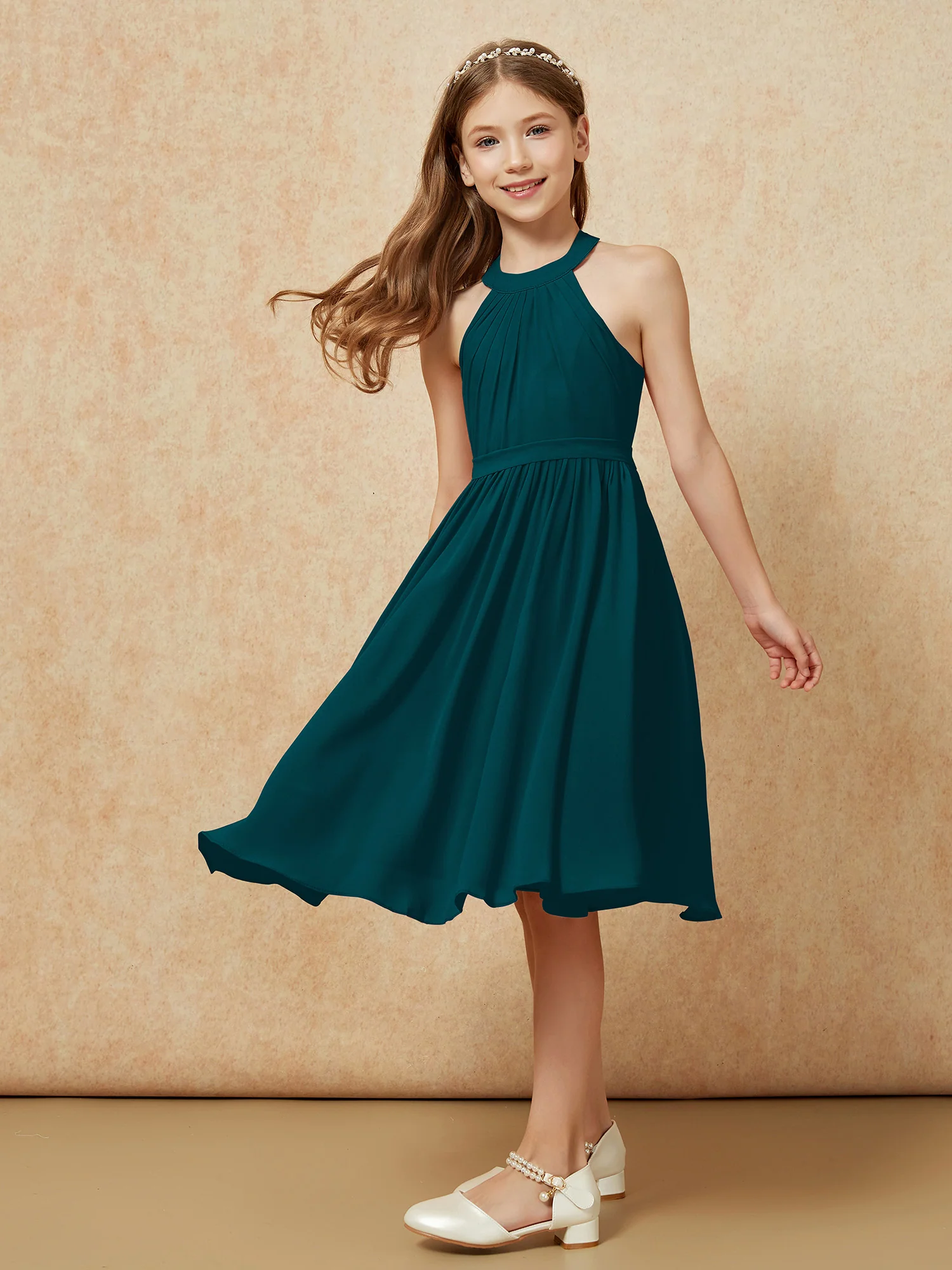 Grecian Neck Knee-length Chiffon Junior Bridesmaid Dress Pine - Image 5