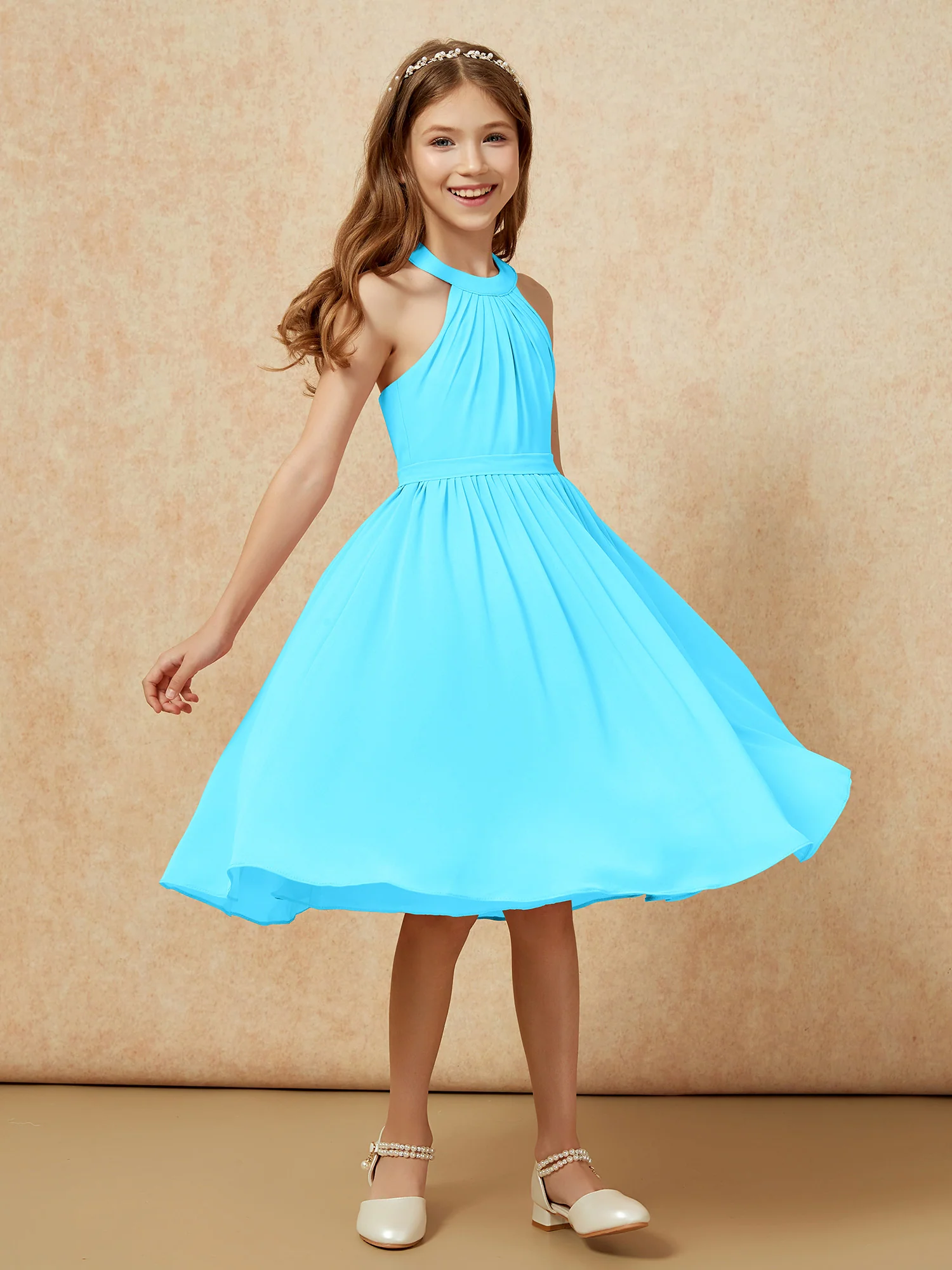 Grecian Neck Knee-length Chiffon Junior Bridesmaid Dress Pool - Image 3