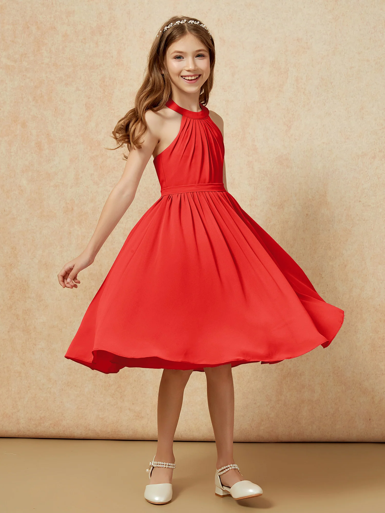 Grecian Neck Knee-length Chiffon Junior Bridesmaid Dress Red - Image 3