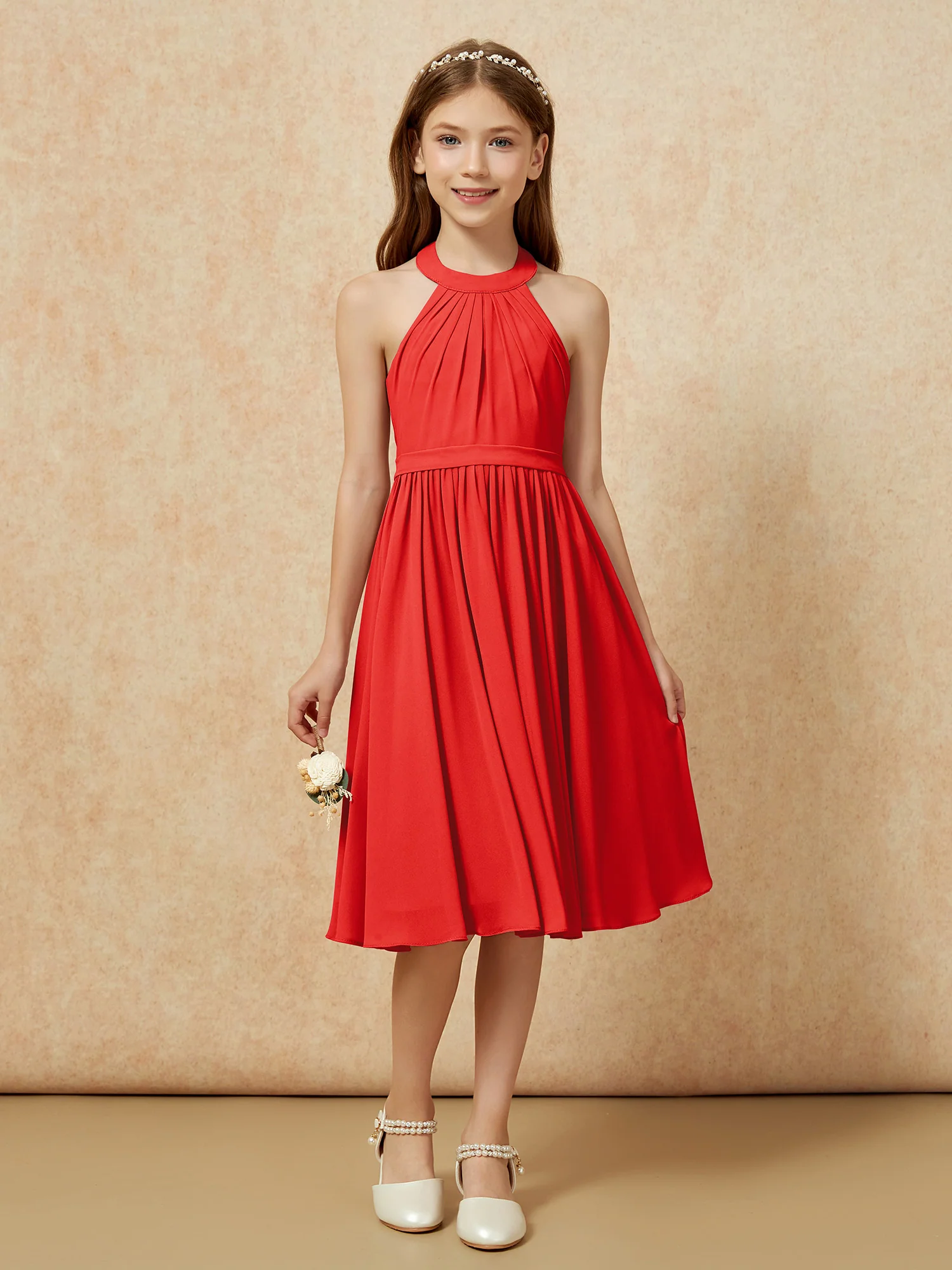 Grecian Neck Knee-length Chiffon Junior Bridesmaid Dress Red - Image 4