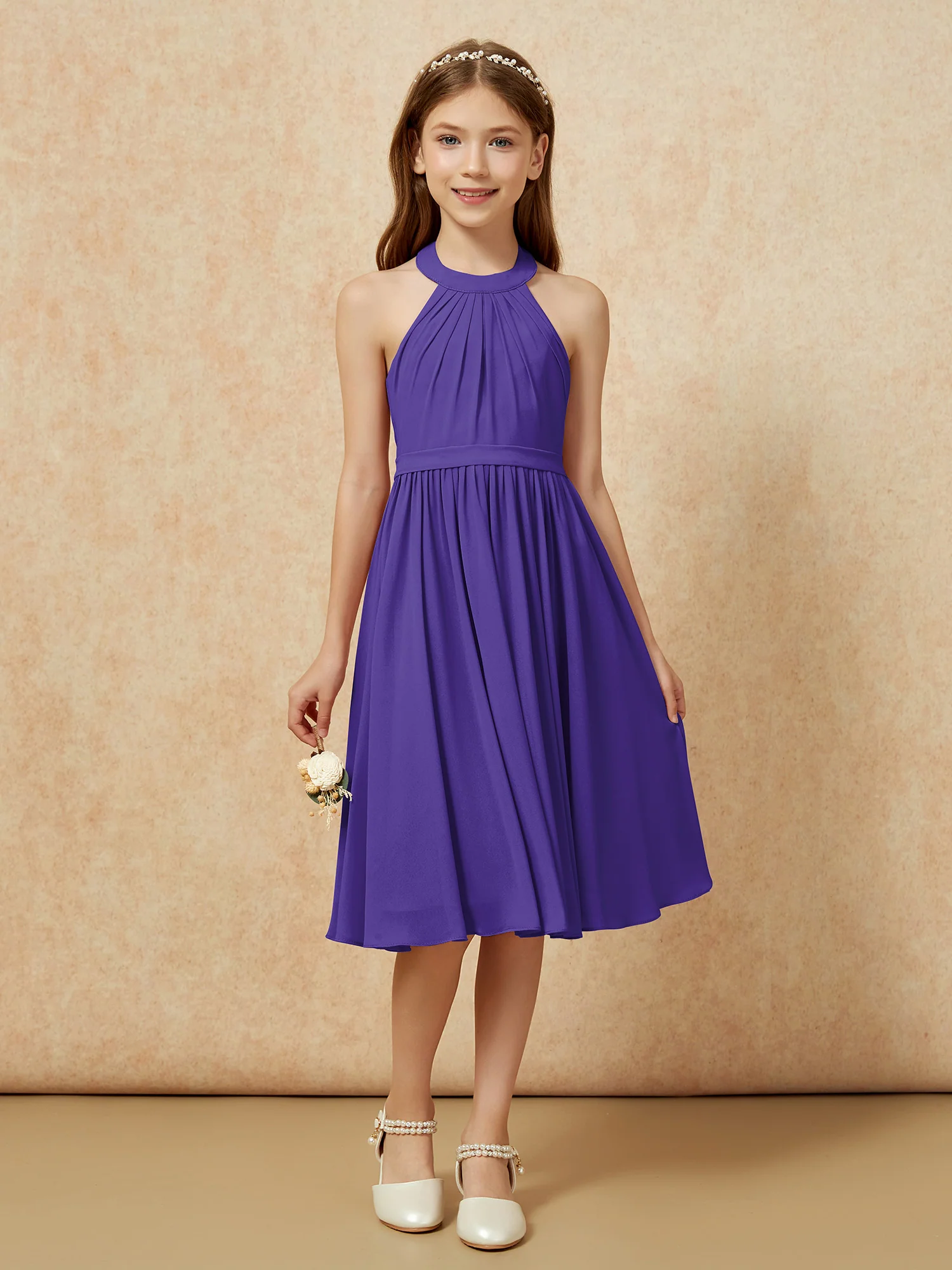 Grecian Neck Knee-length Chiffon Junior Bridesmaid Dress Regency - Image 4