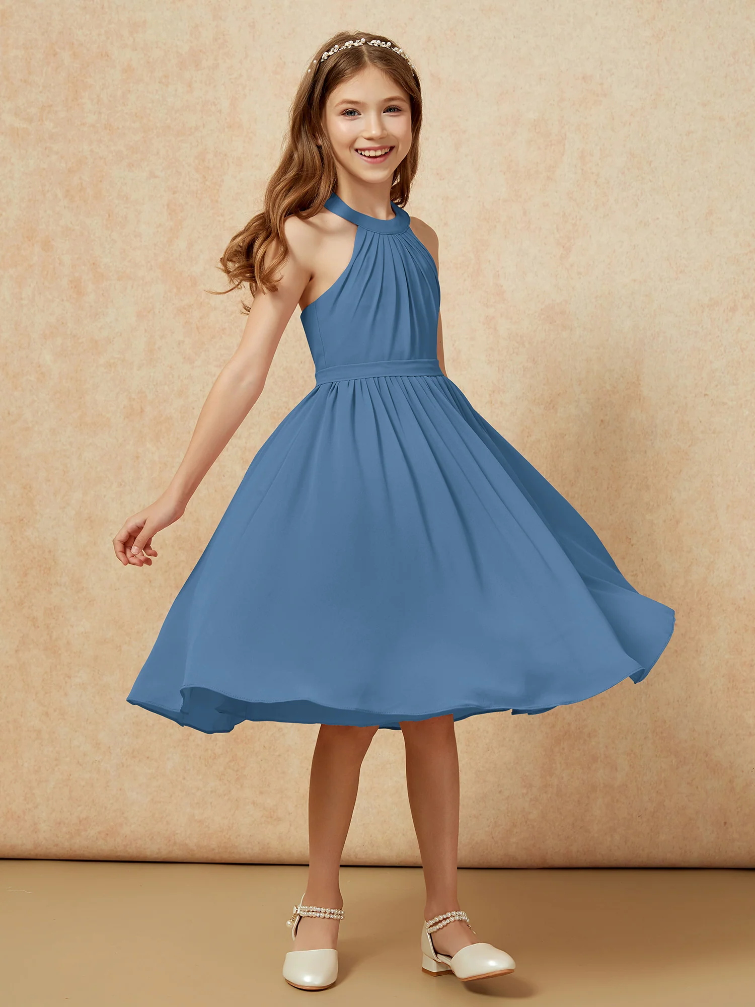 Grecian Neck Knee-length Chiffon Junior Bridesmaid Dress Slate Blue - Image 3