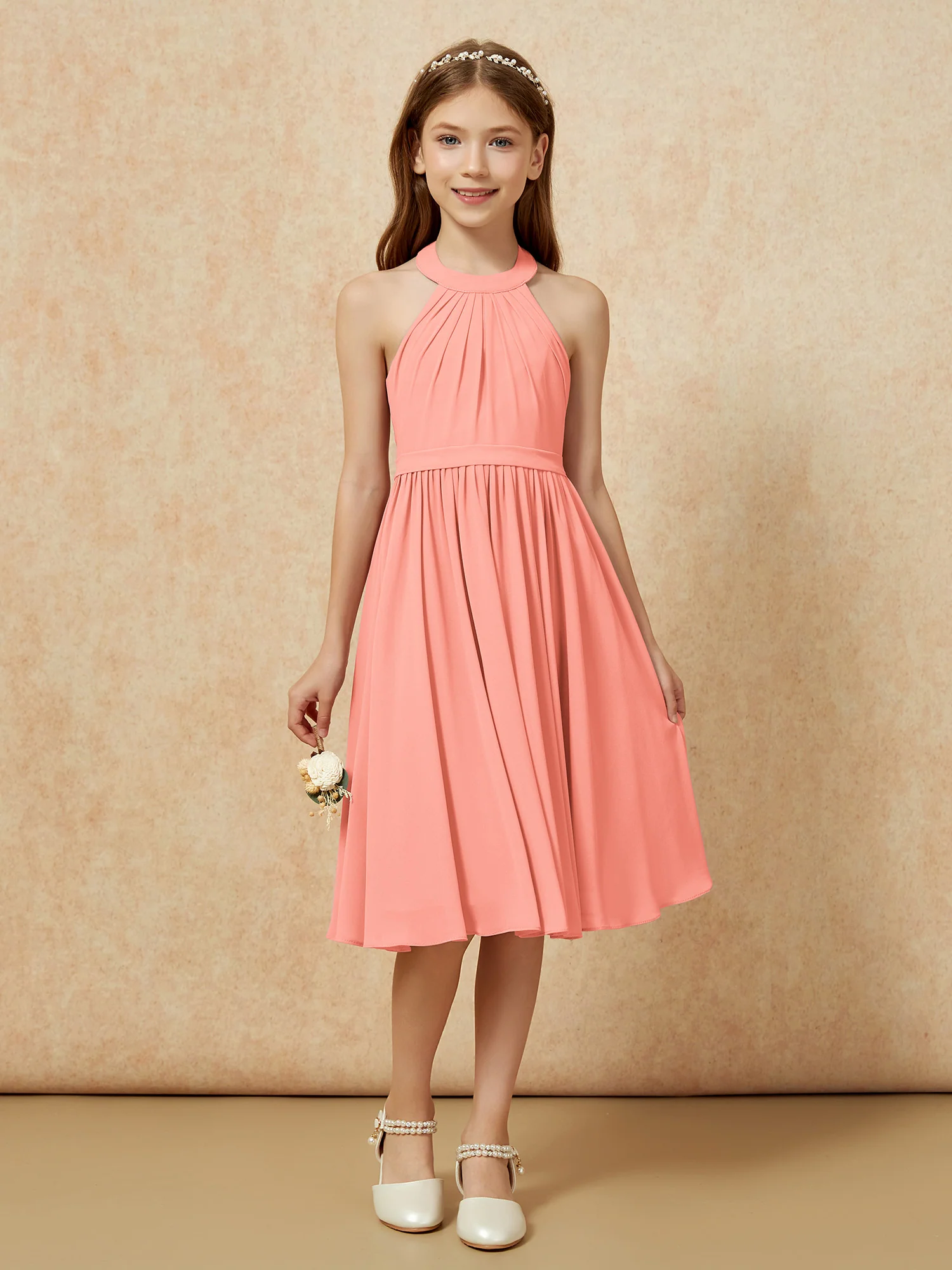 Grecian Neck Knee-length Chiffon Junior Bridesmaid Dress Sunset - Image 4