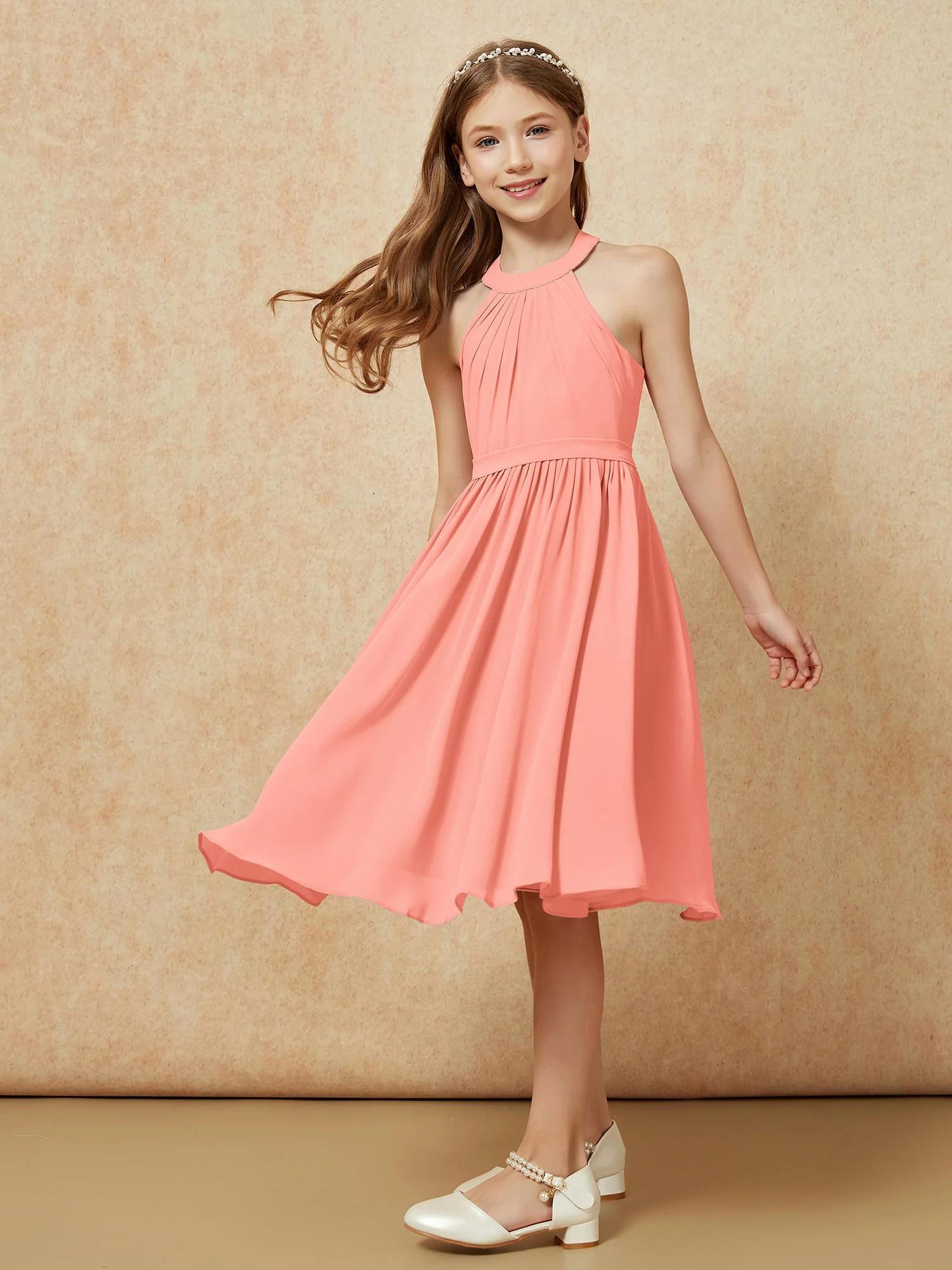 Grecian Neck Knee-length Chiffon Junior Bridesmaid Dress Sunset - Image 5