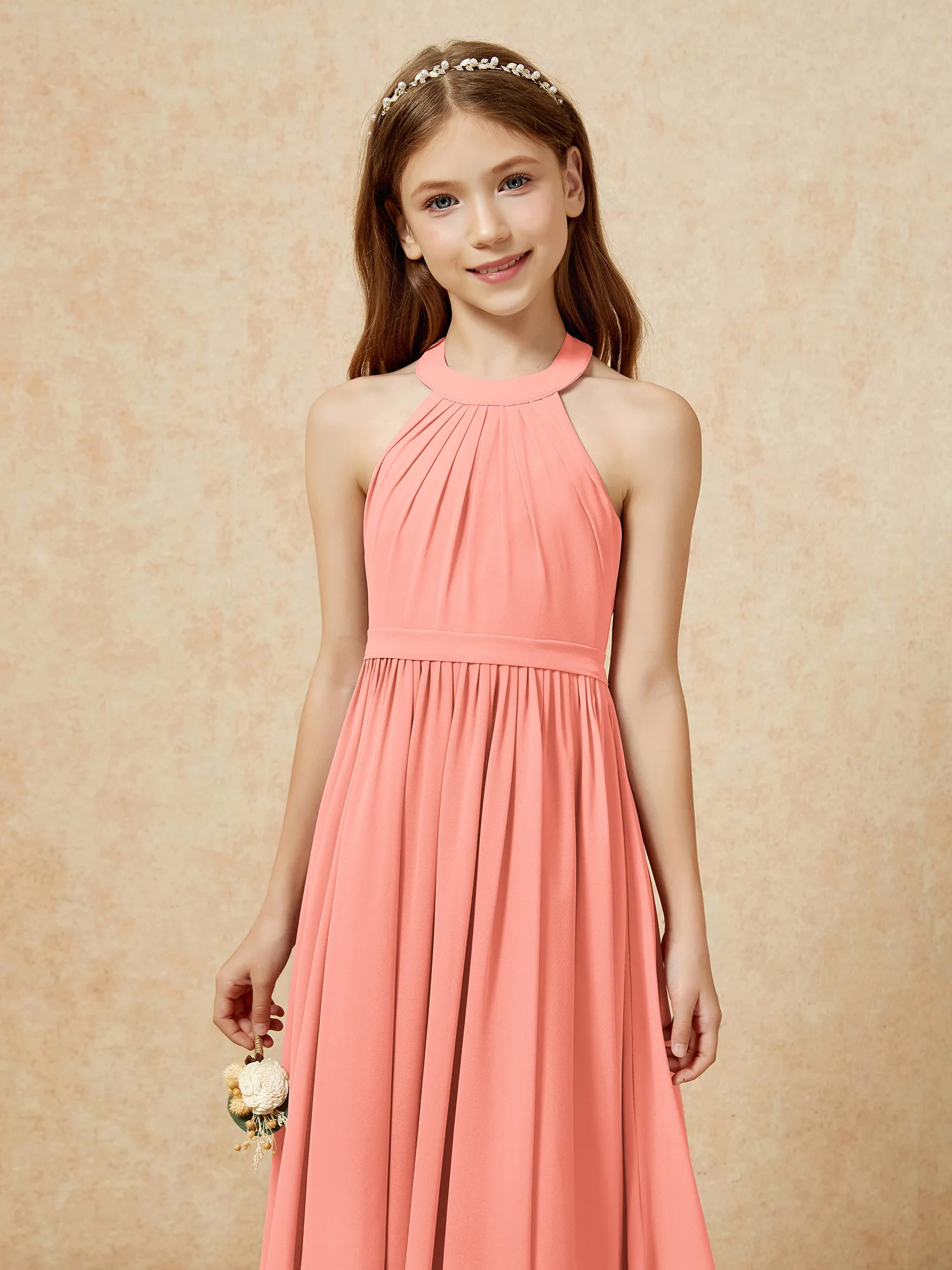 Grecian Neck Knee-length Chiffon Junior Bridesmaid Dress Sunset - Image 6