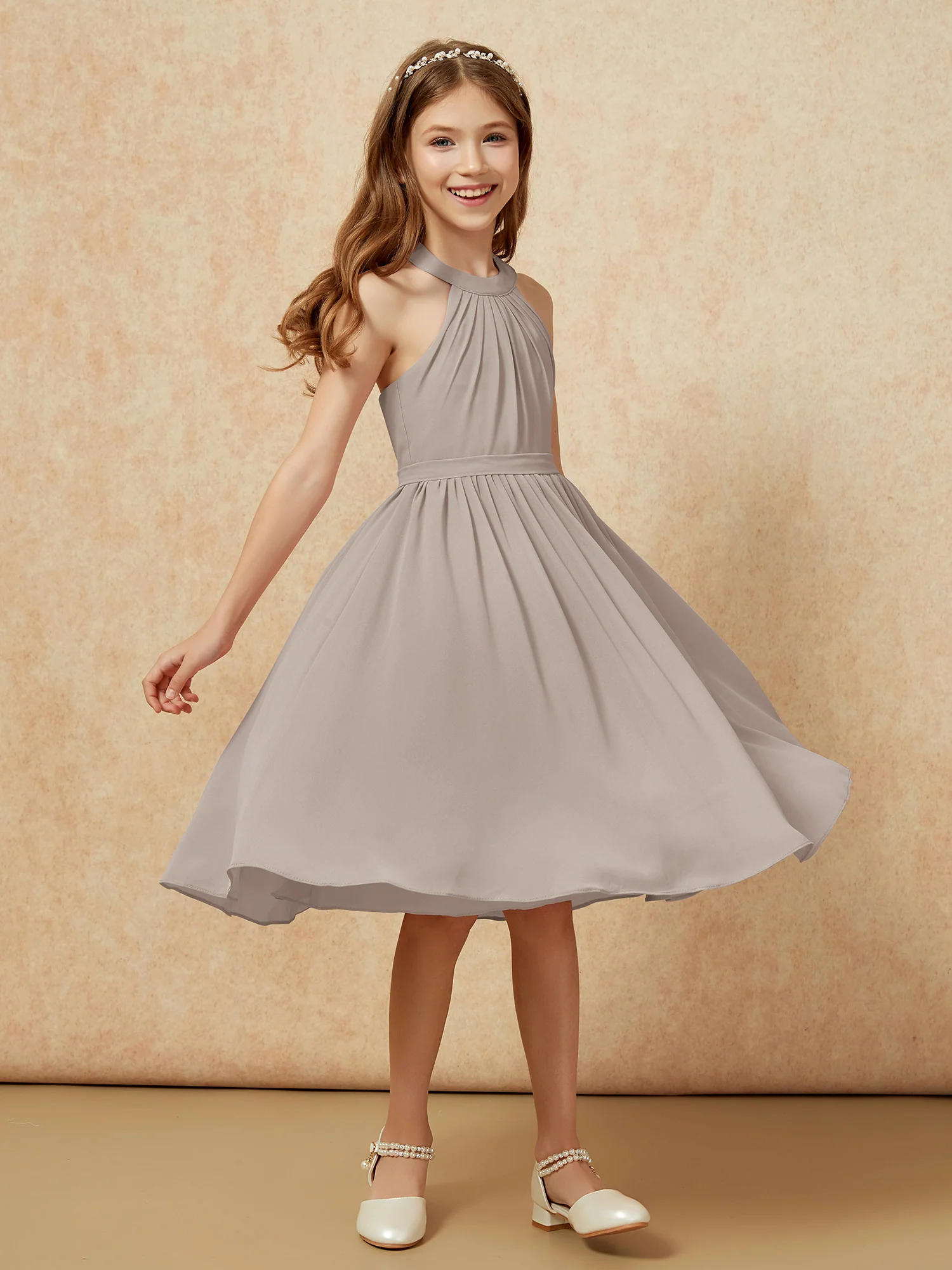Grecian Neck Knee-length Chiffon Junior Bridesmaid Dress Taupe - Image 3