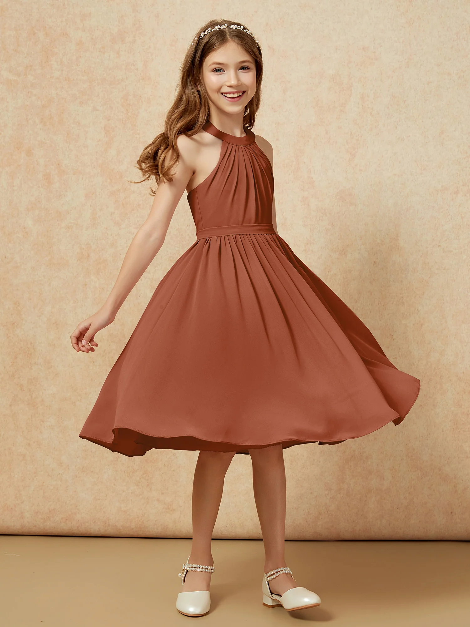 Grecian Neck Knee-length Chiffon Junior Bridesmaid Dress Terracotta - Image 3