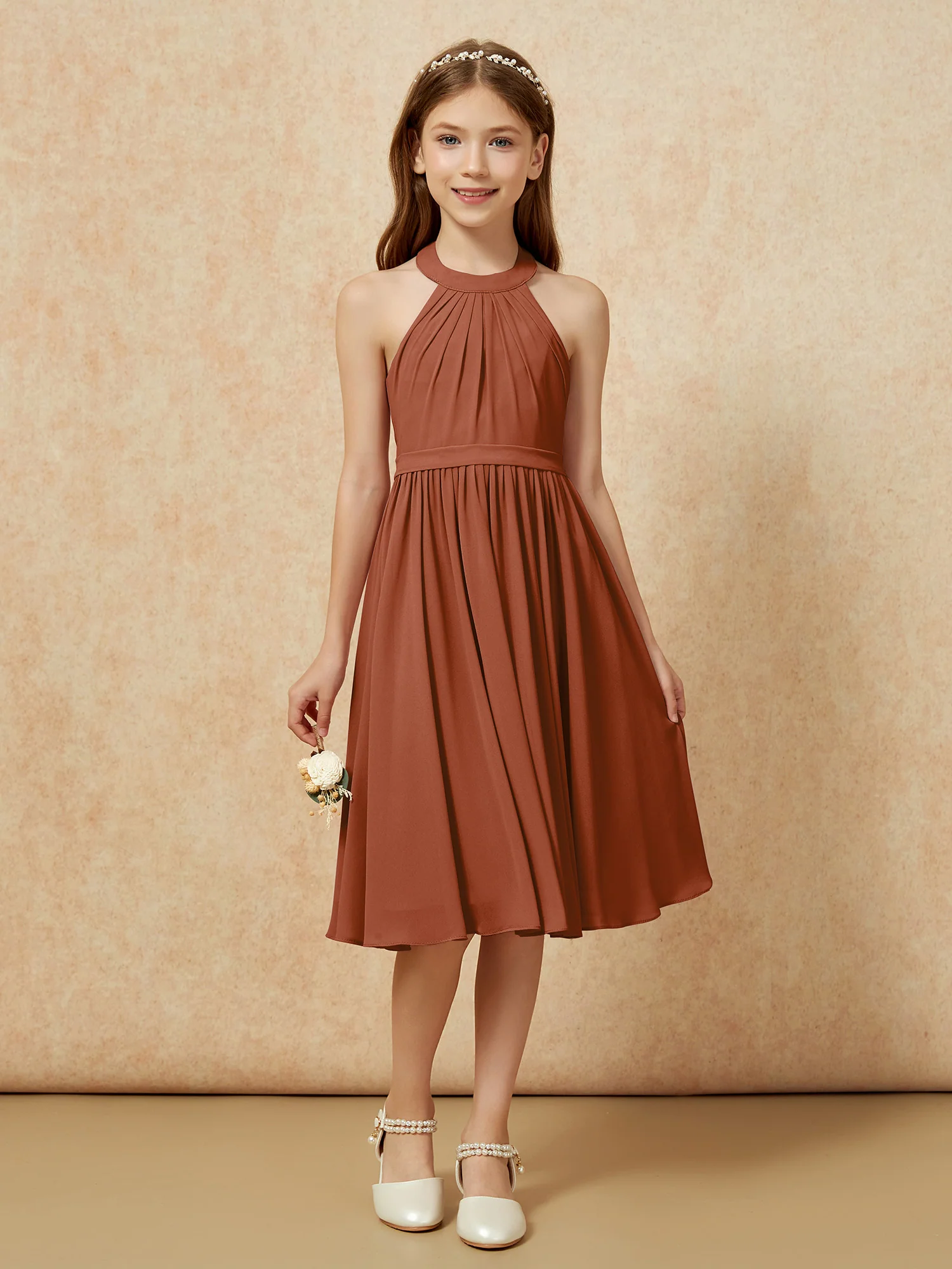 Grecian Neck Knee-length Chiffon Junior Bridesmaid Dress Terracotta - Image 4
