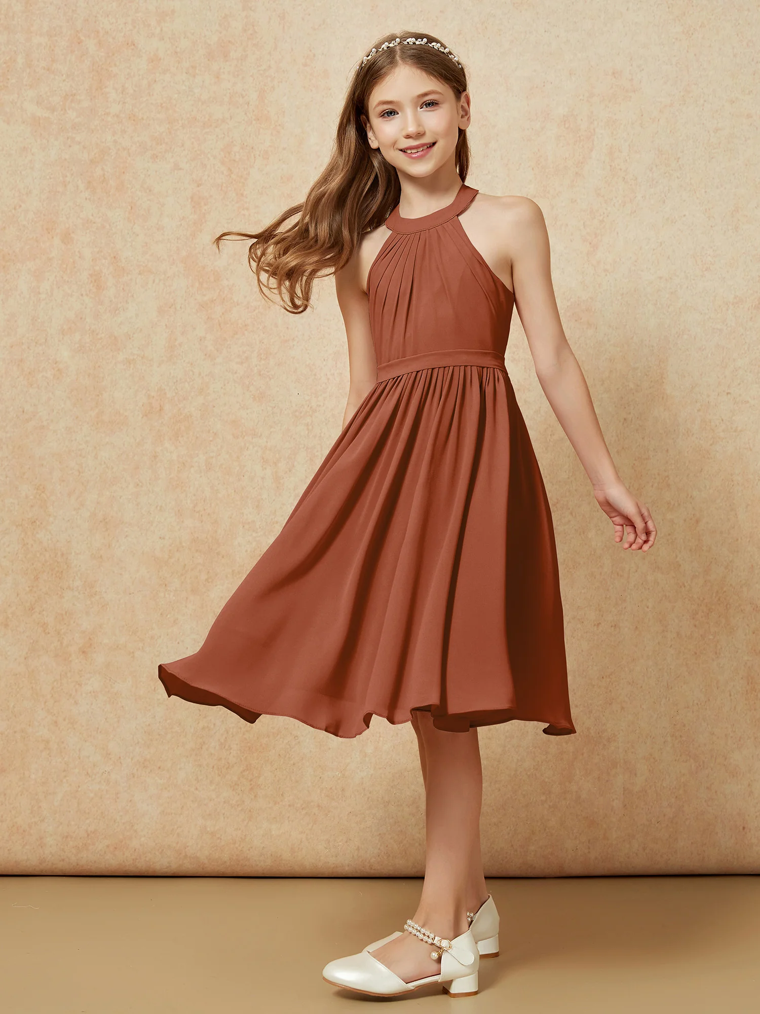 Grecian Neck Knee-length Chiffon Junior Bridesmaid Dress Terracotta - Image 5