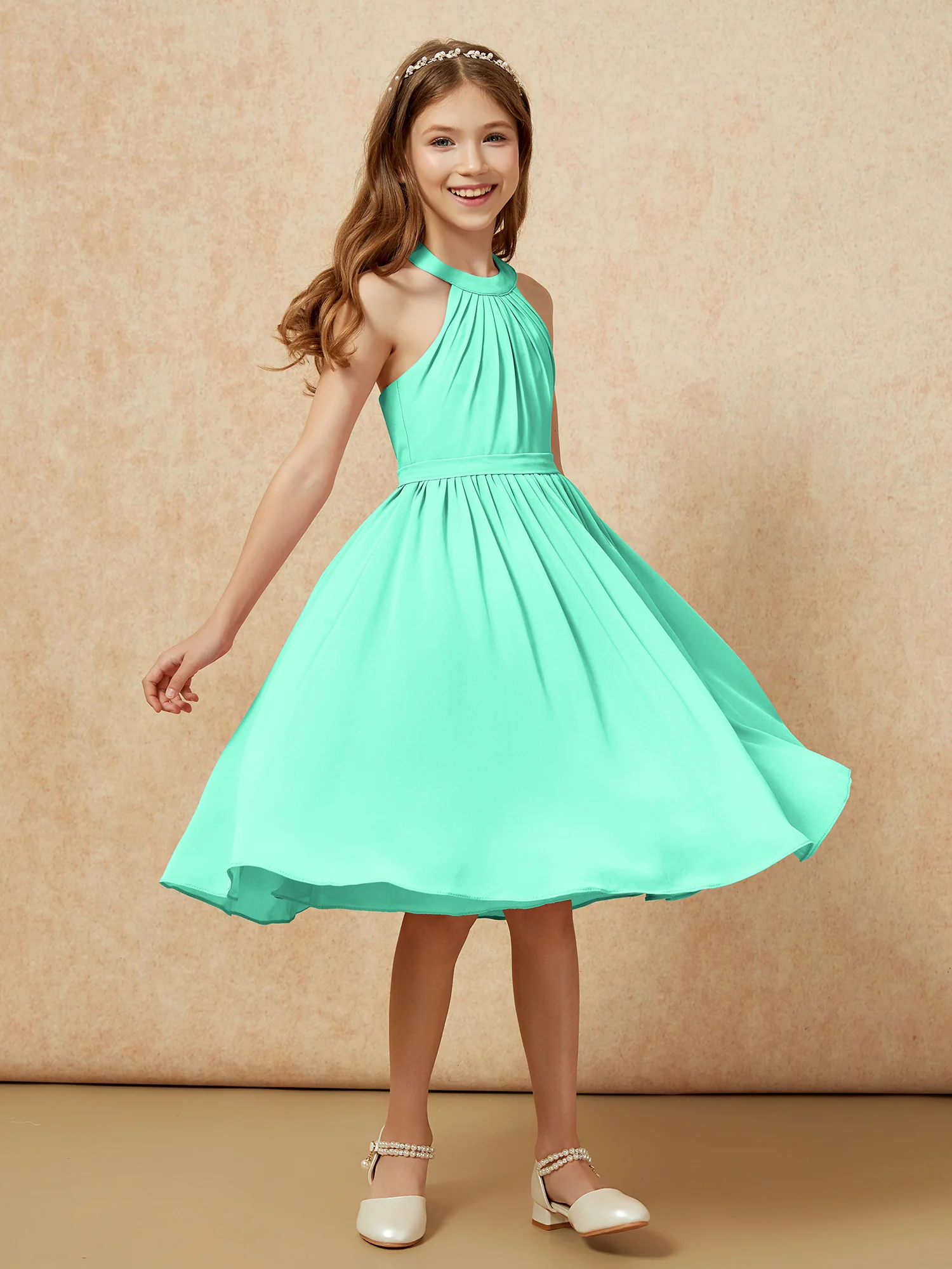 Grecian Neck Knee-length Chiffon Junior Bridesmaid Dress Turquoise - Image 3