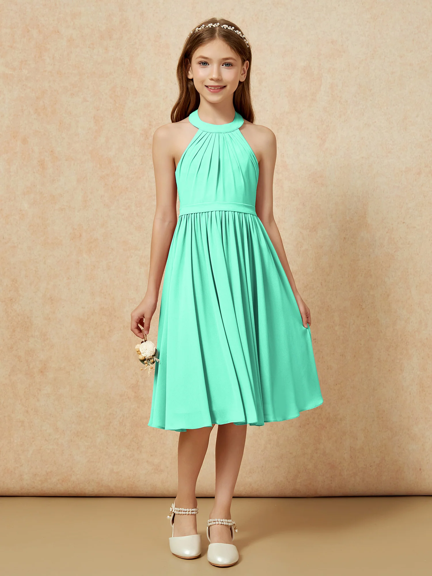 Grecian Neck Knee-length Chiffon Junior Bridesmaid Dress Turquoise - Image 4