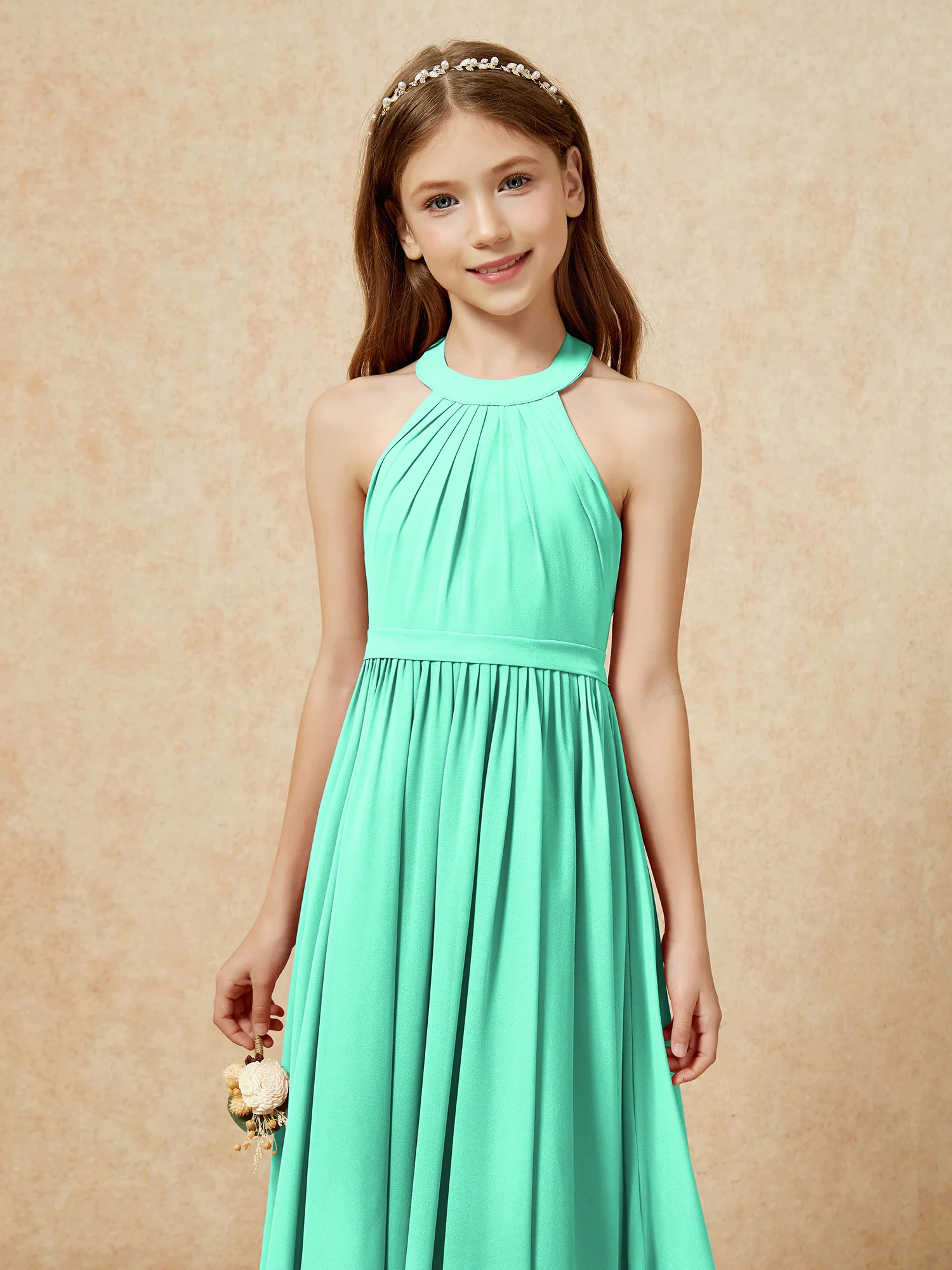 Grecian Neck Knee-length Chiffon Junior Bridesmaid Dress Turquoise - Image 6