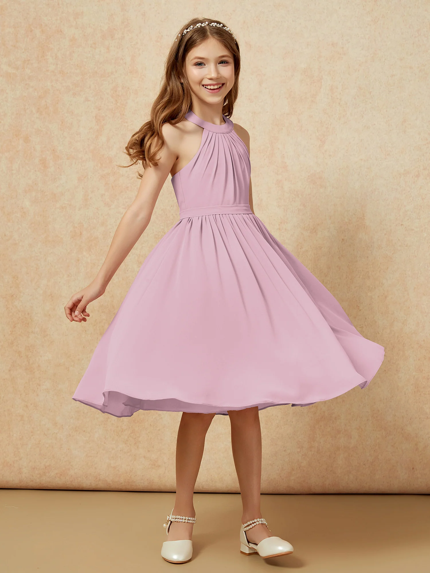 Grecian Neck Knee-length Chiffon Junior Bridesmaid Dress Vintage Mauve - Image 3